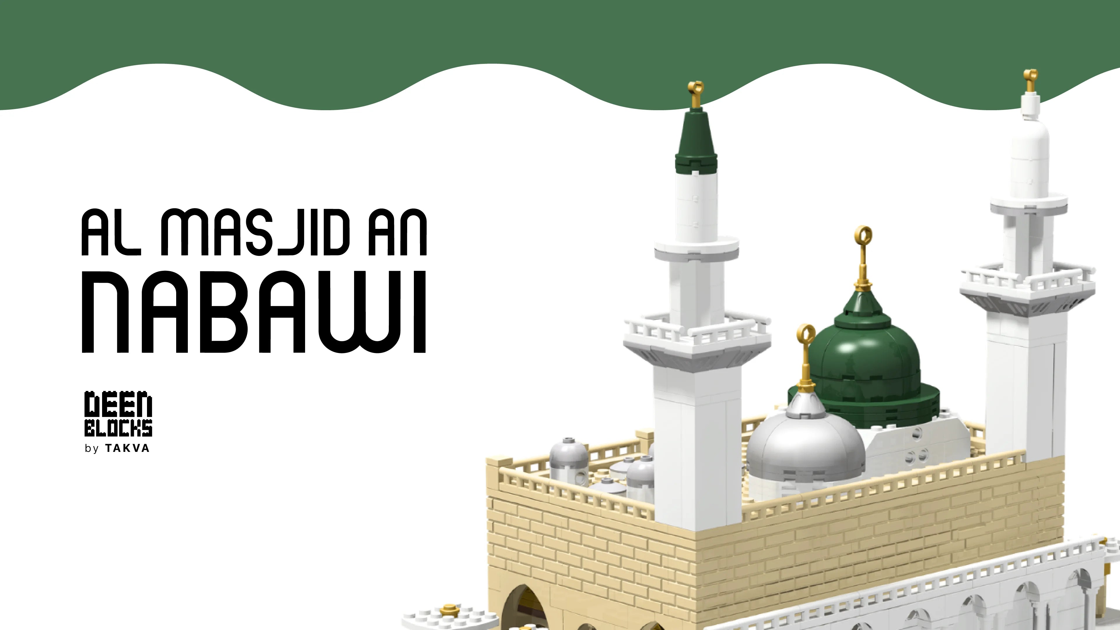 A 3D render of Al Masjid An-Nabawi Deenblokcs, featuring white minarets with green and gold domes and minarets, set against a white background with a green wave and black text.