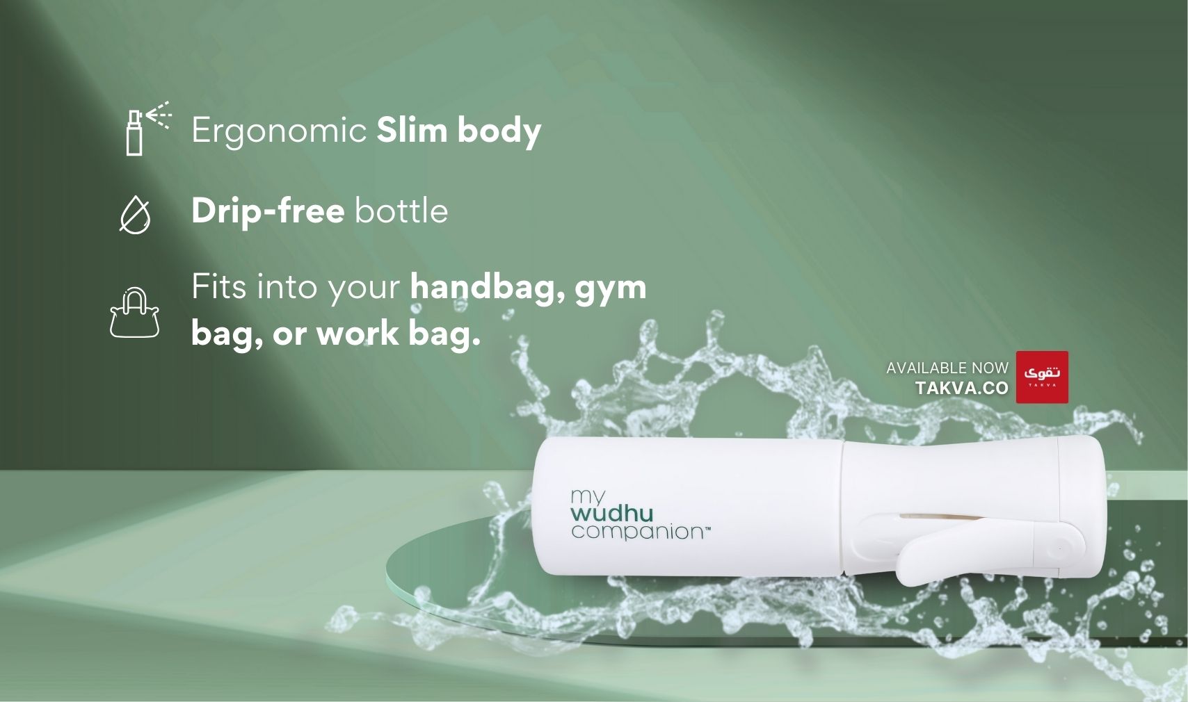 White Wudhu ablution bottle with water splashing, labeled 'my wudhu companion', on a green background with text about bottle features.