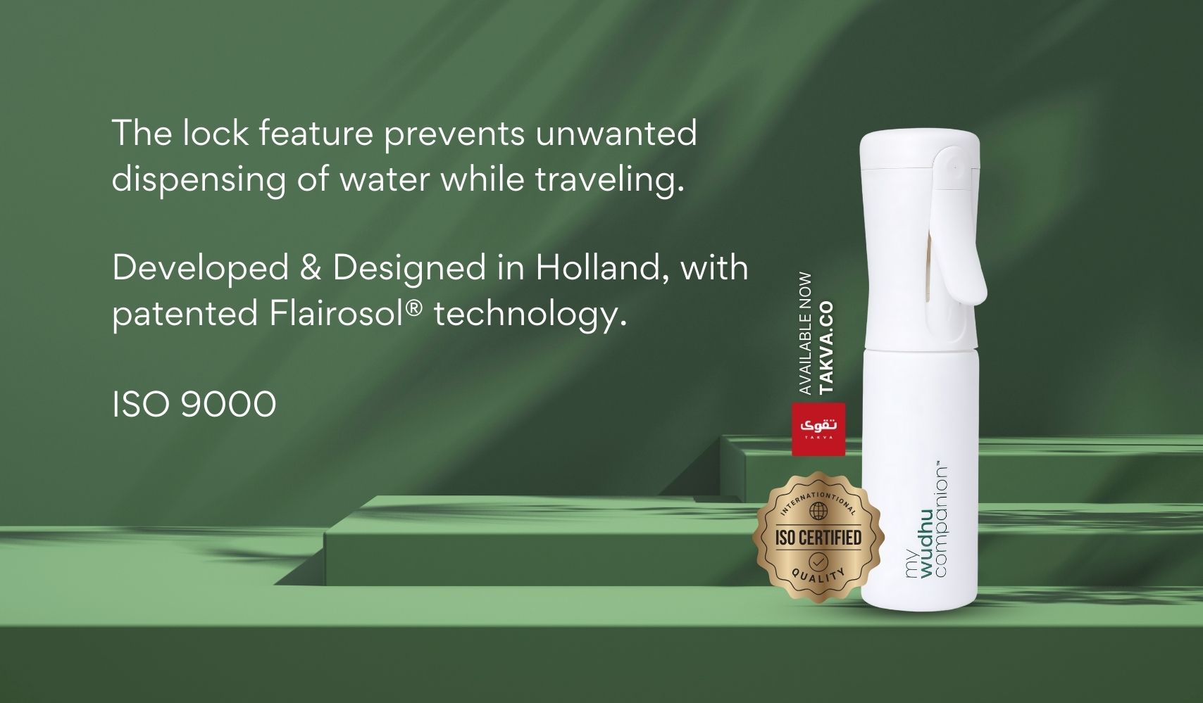 White spray bottle with red label on green steps, text about lock feature and Flairisol technology.
