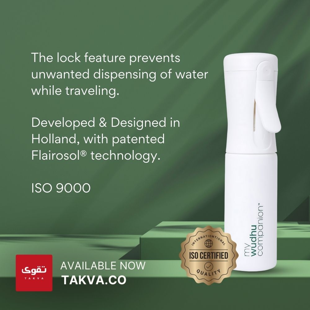 White spray bottle with text on a green background, featuring ISO certification.