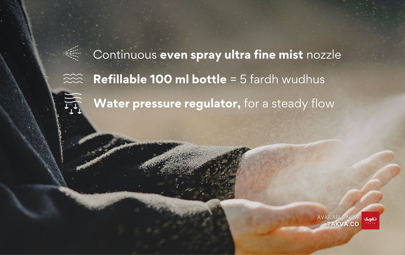 Person holding a hand with continuous even spray of ultra fine mist from the Wudhu bottle