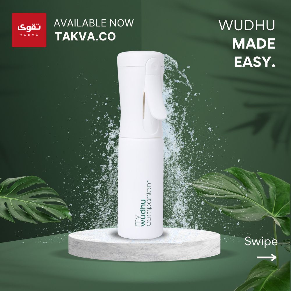 White bottle labeled 'my wudhu companion' with water splashing out on a green background, featuring Takva branding.