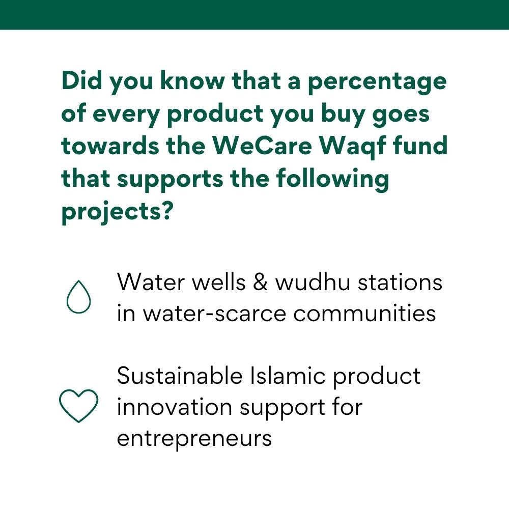 Text on a white background about the WeCare Waqf fund supporting water wells, wudhu stations, and sustainable Islamic product innovation.
