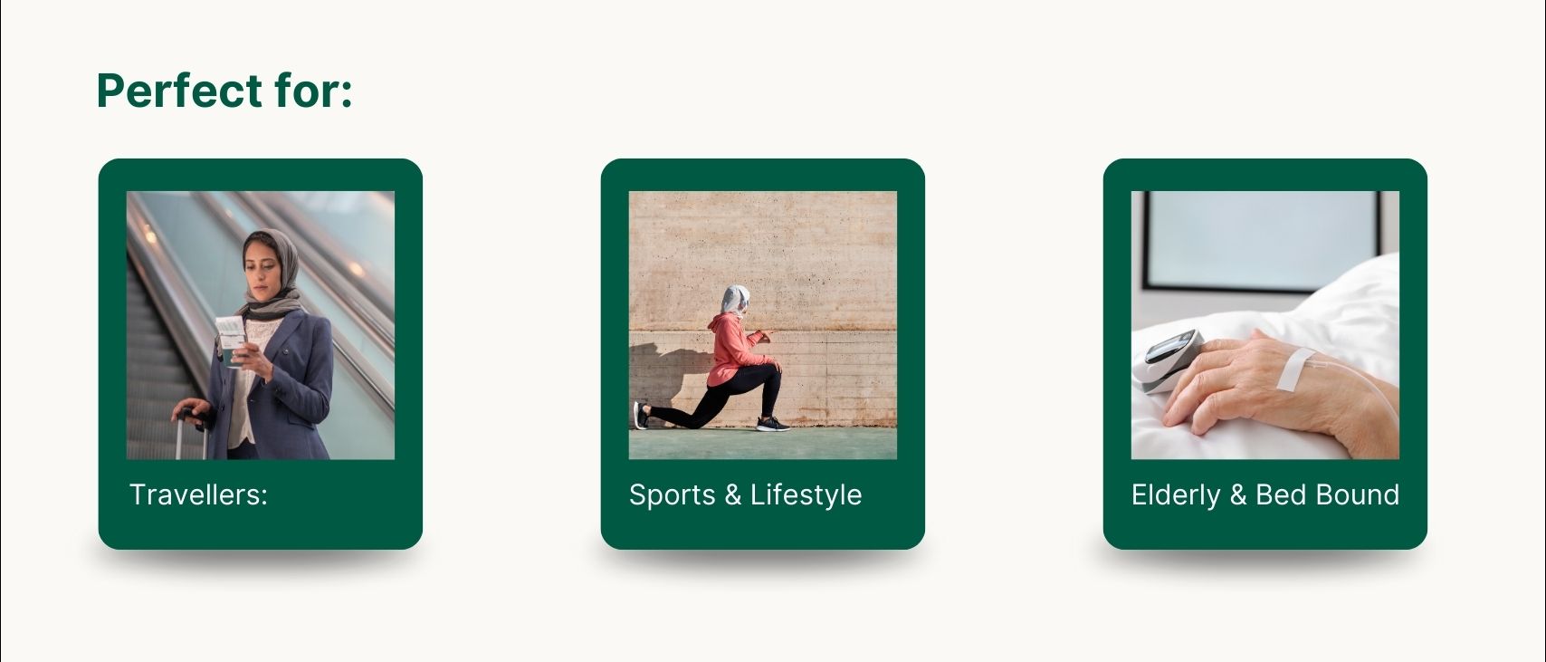Three green frames labeled 'Travellers', 'Sports & Lifestyle', and 'Elderly & Bed Bound' with corresponding images.