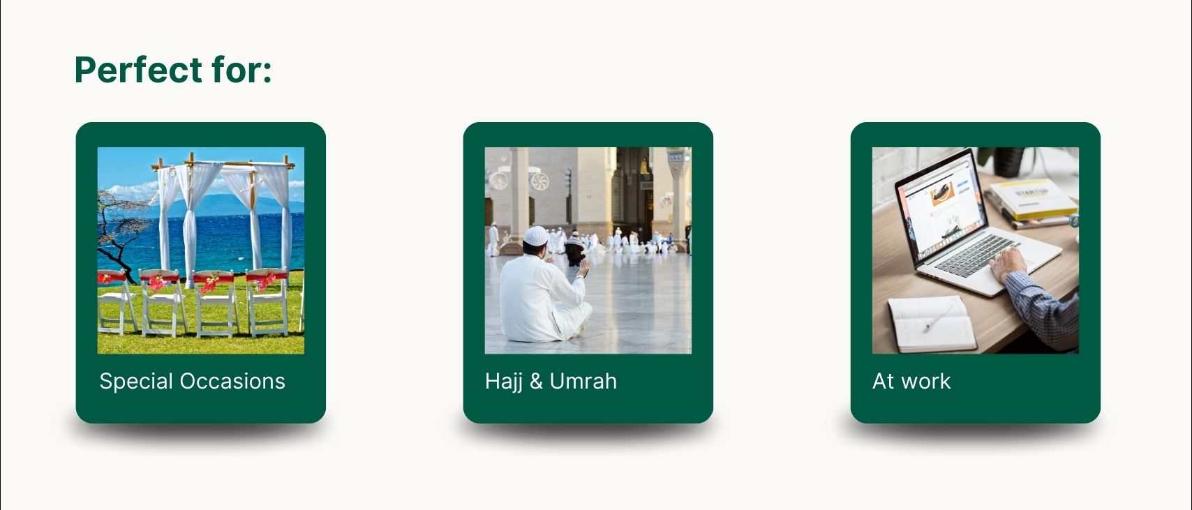 Three green tablets displaying images for special occasions, Hajj & Umrah, and work.