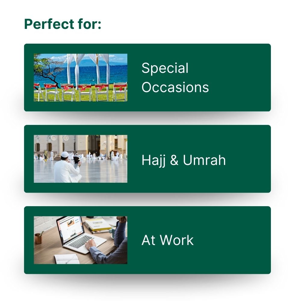 Green banners with images and text for special occasions, Hajj & Umrah, and at work.