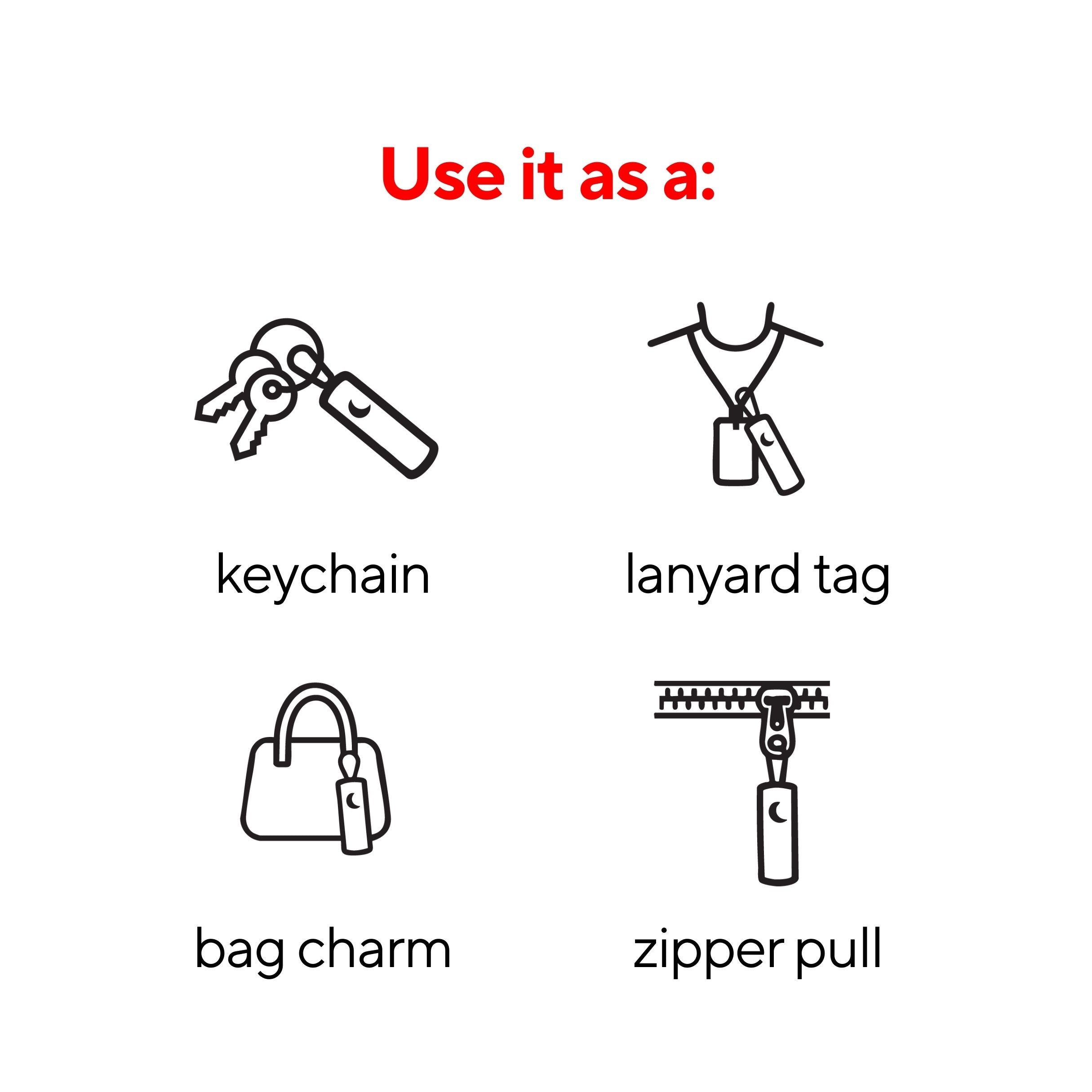 Illustration showing different ways to use SalahTag portable prayer mat as a keychain, lanyard tag, bag charm, or zipper pull