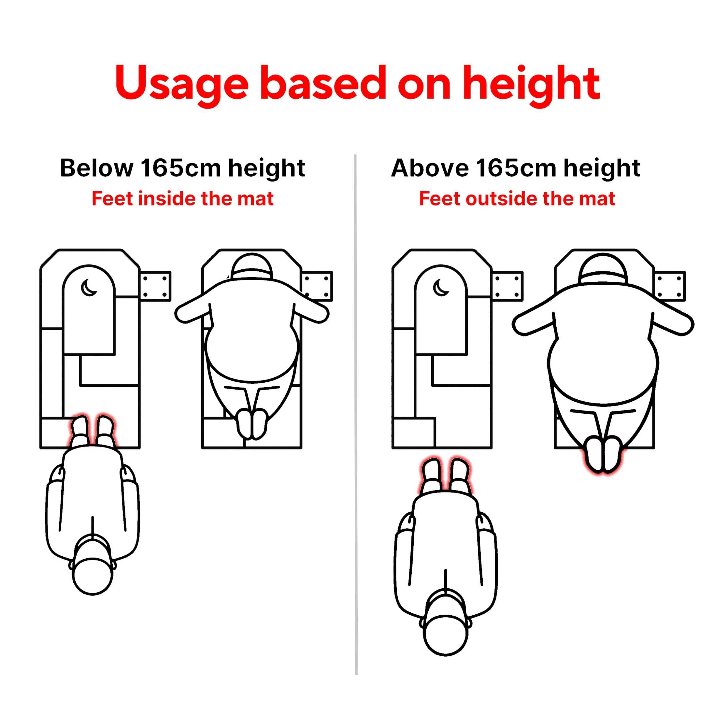 SalahTag diagram comparing portable prayer mat dimensions against different person heights