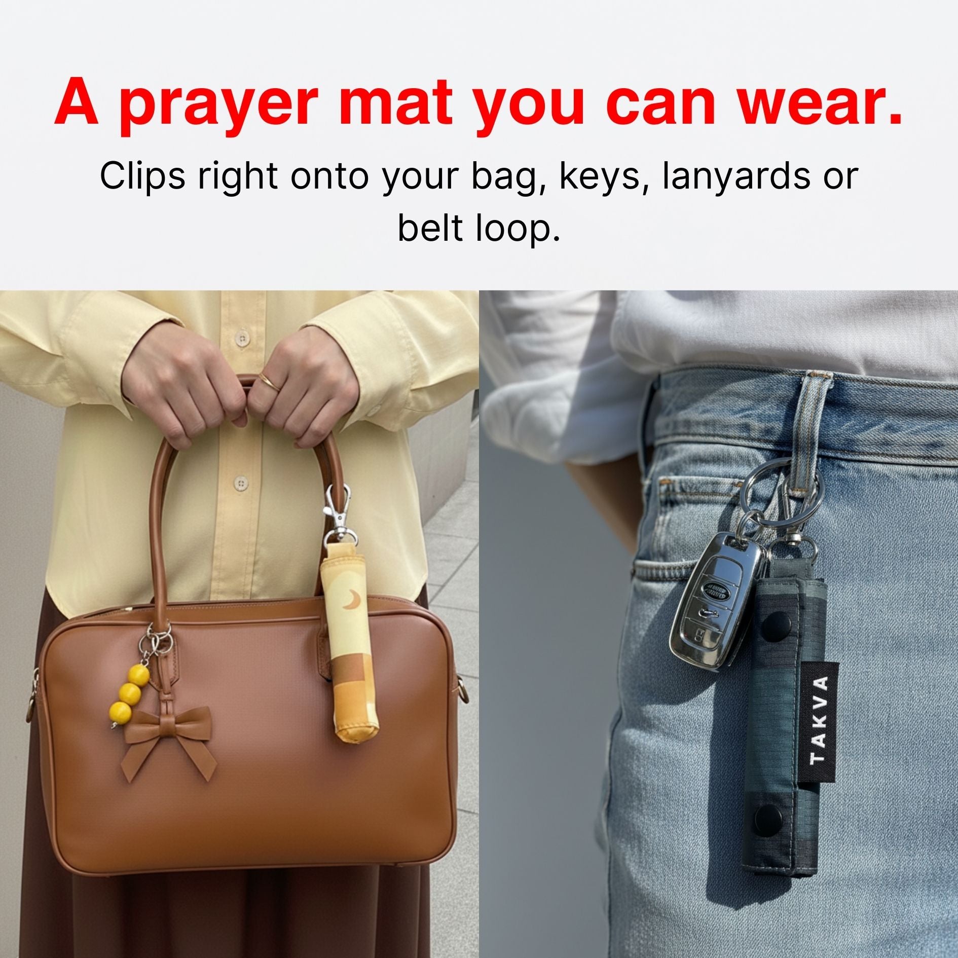 SalahTag portable prayer mat worn as keychain and clipped to bag