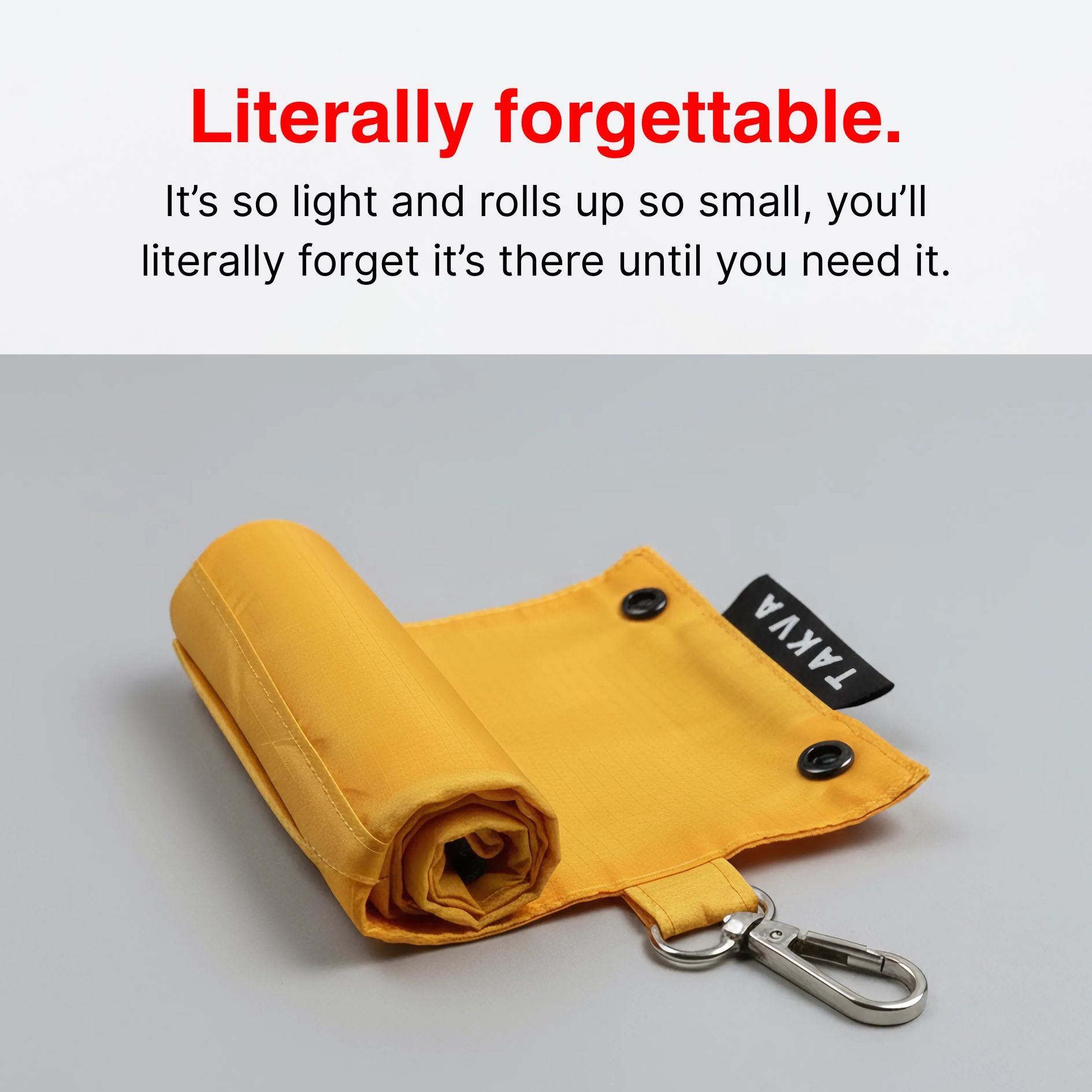 Yellow SalahTag portable prayer mat rolled up with carabiner, lightweight and compact