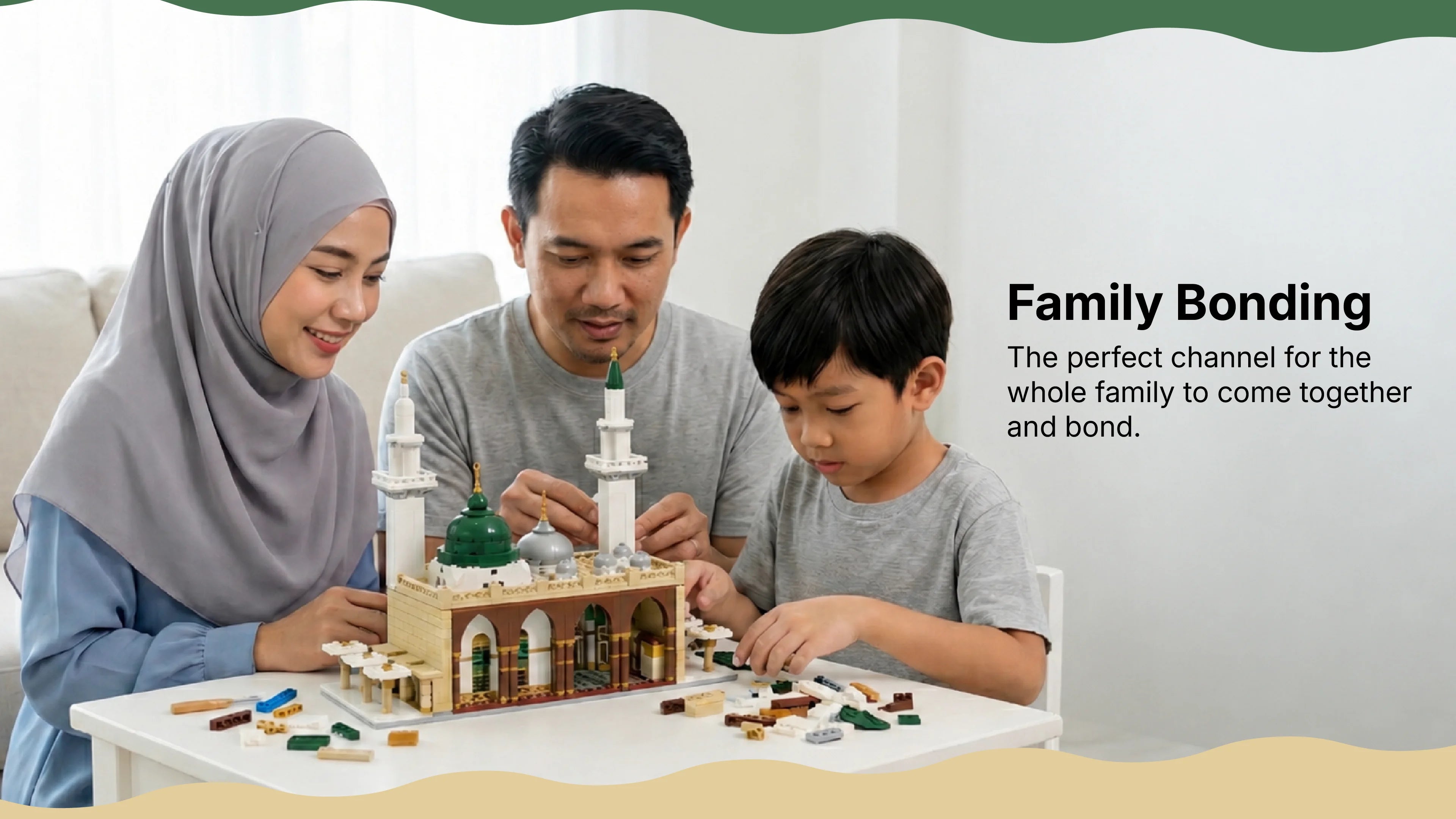 Family building the An-Nabawi block toy together, perfect for whole family to bond and come together