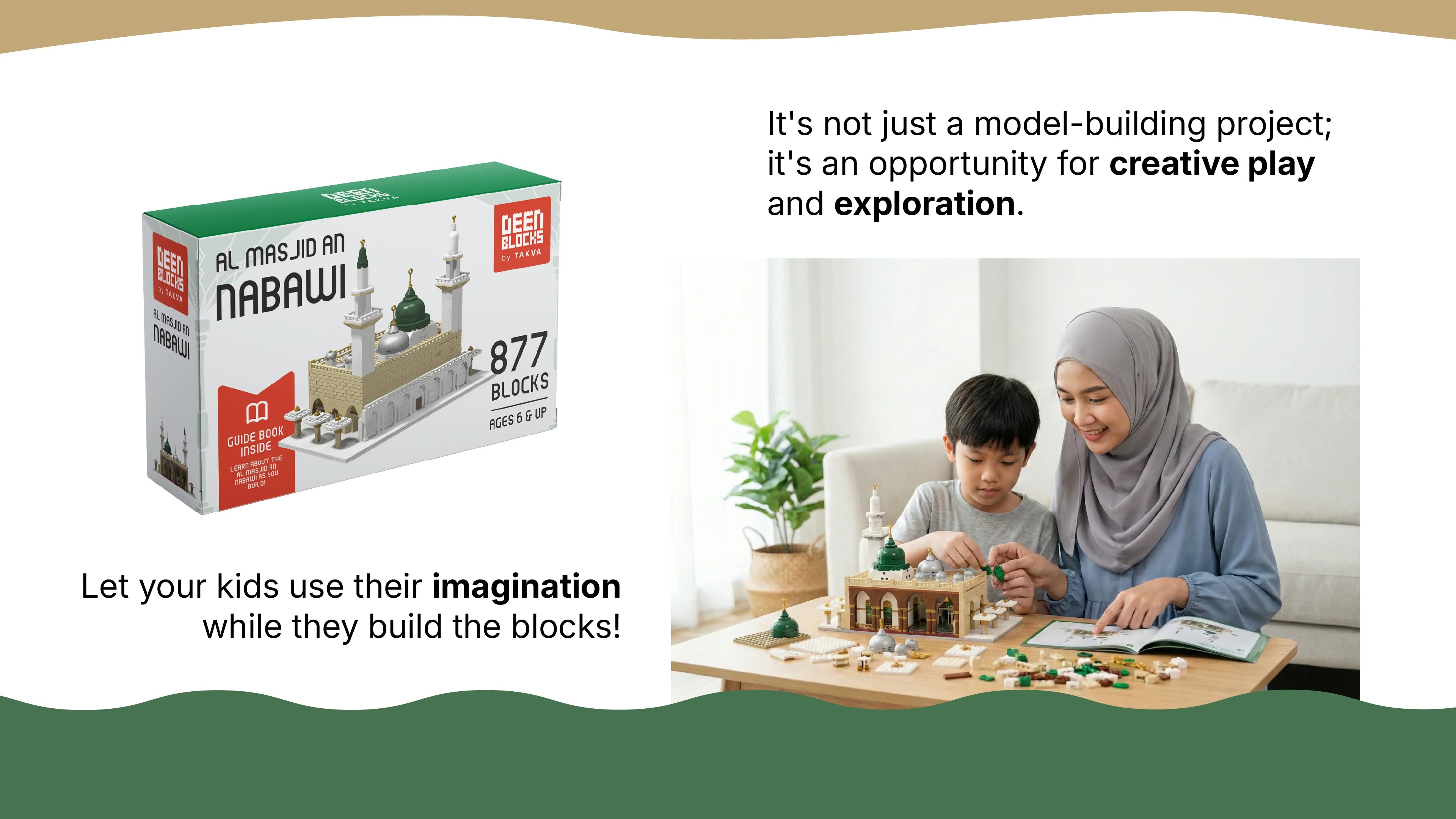 An-Nabawi block toy packaging (877 blocks, guidebook included, ages 6+) beside a parent and child building the set together