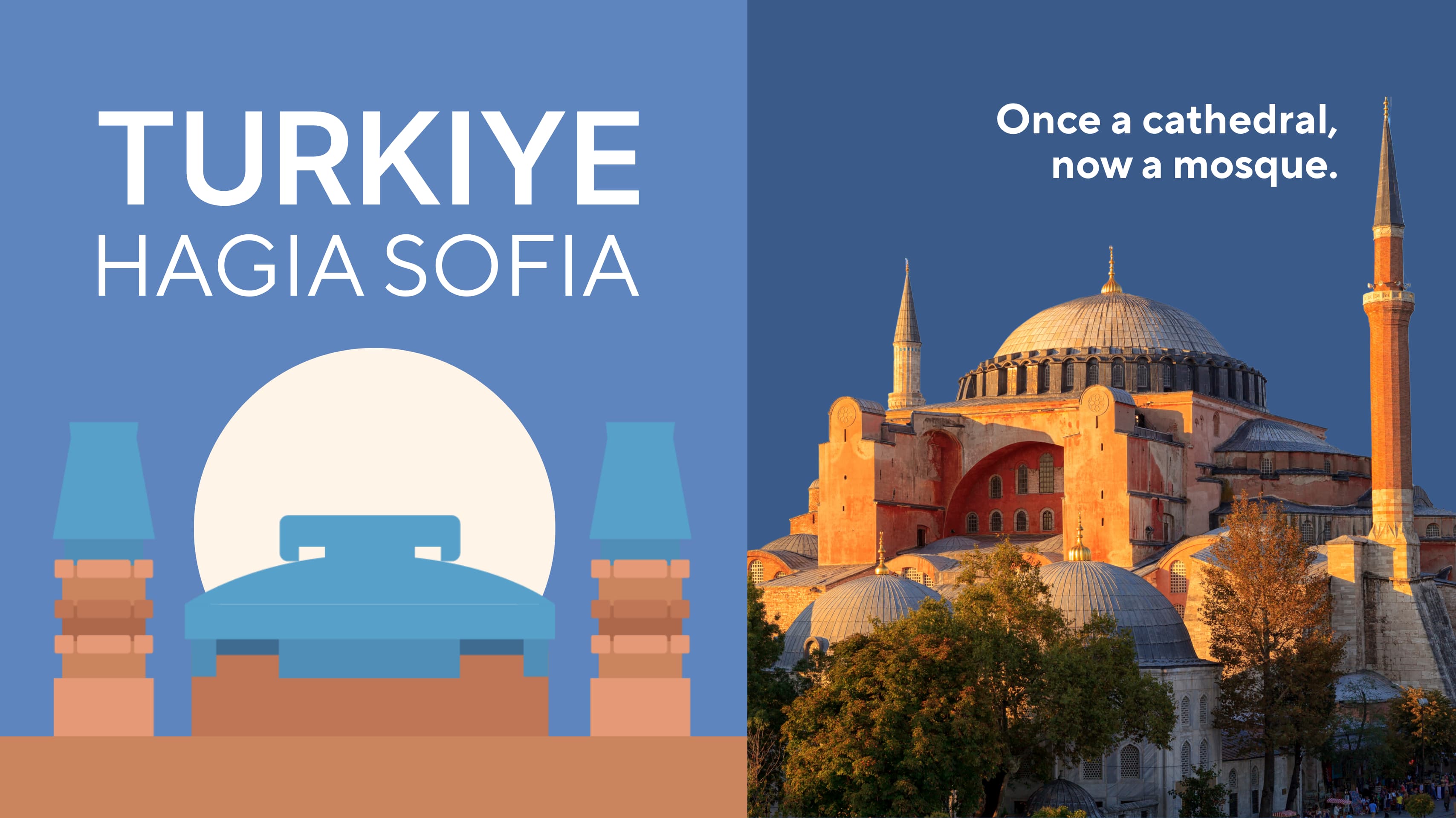 Ayasofya in Istanbul, Türkiye, glowing at golden hour with its vast dome and tall minarets above the trees, the landmark behind the DEENBLOCKS Mini