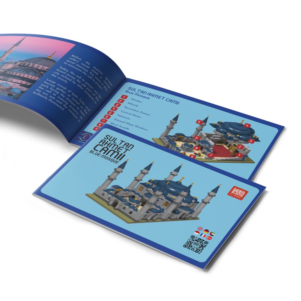 Blue Mosque Build & Learn Blocks instruction manual showing step-by-step build of the mihrab.