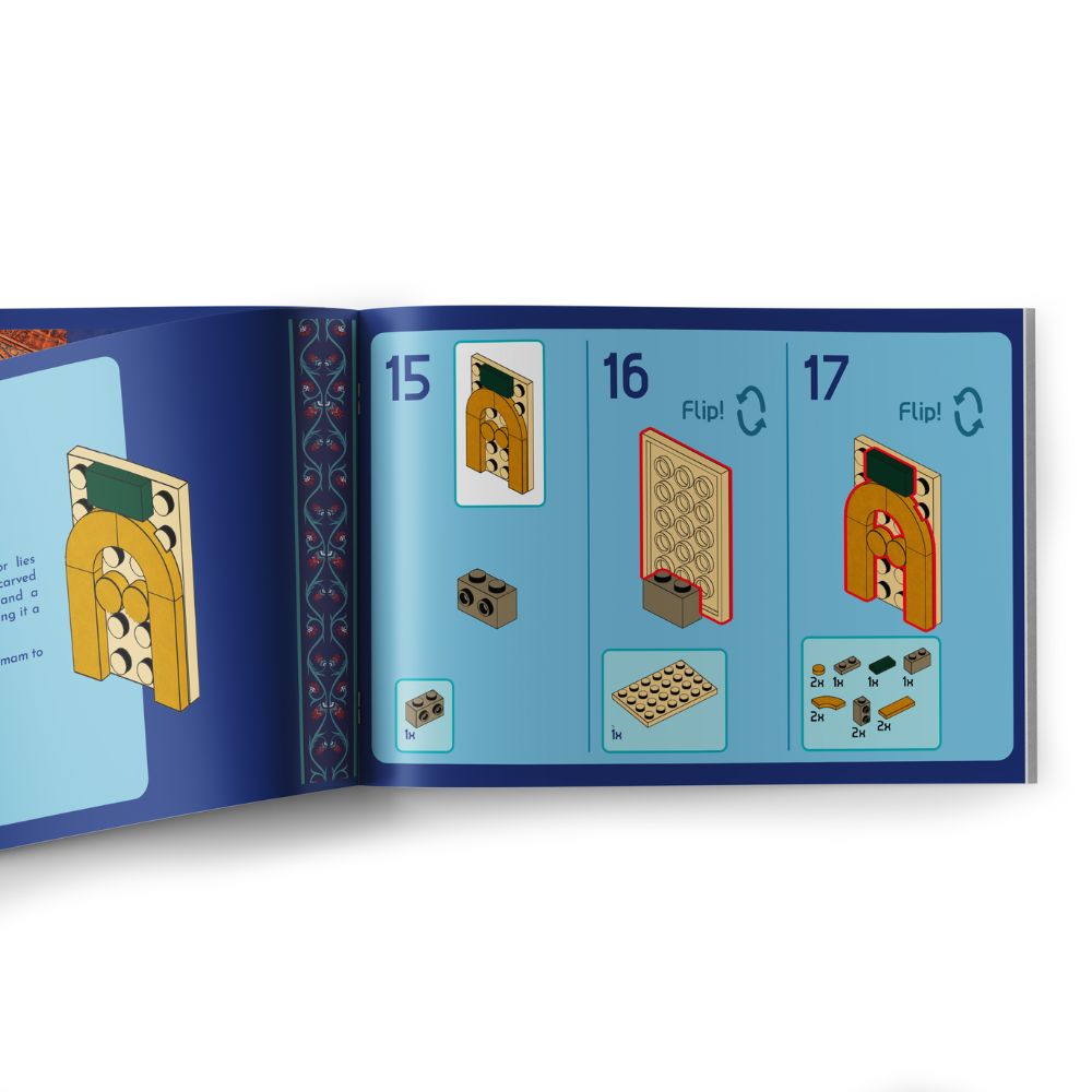 Blue Mosque Build & Learn Blocks guidebook spread โ detailed history of the mihrab with illustrated build steps.