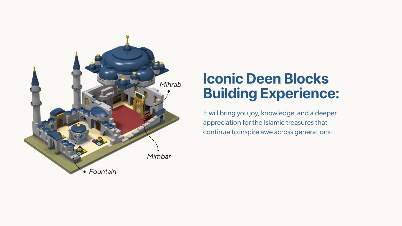 Blue Mosque Build & Learn Blocks showing interior details โ fountain, Mihrab, and Minbar in educational Islamic playset.