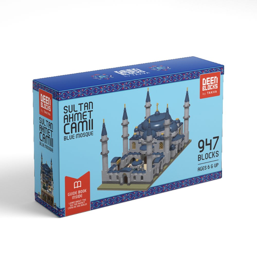 Blue Mosque Build & Learn Block set packaging โ 947 pieces, ages 6+, with heritage guidebook inside.