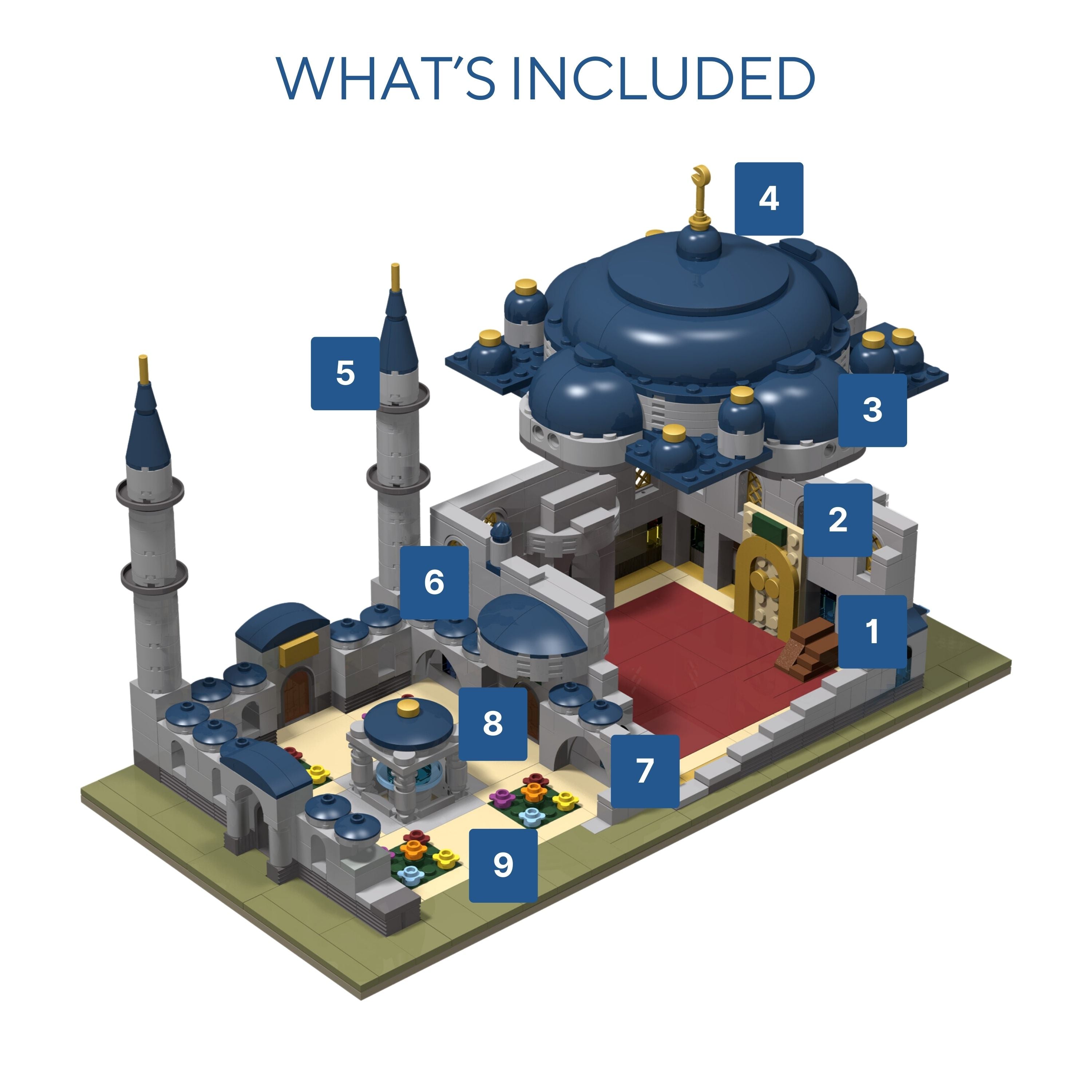 Blue Mosque Build & Learn toy โ mosque domes, minarets, and interior parts.