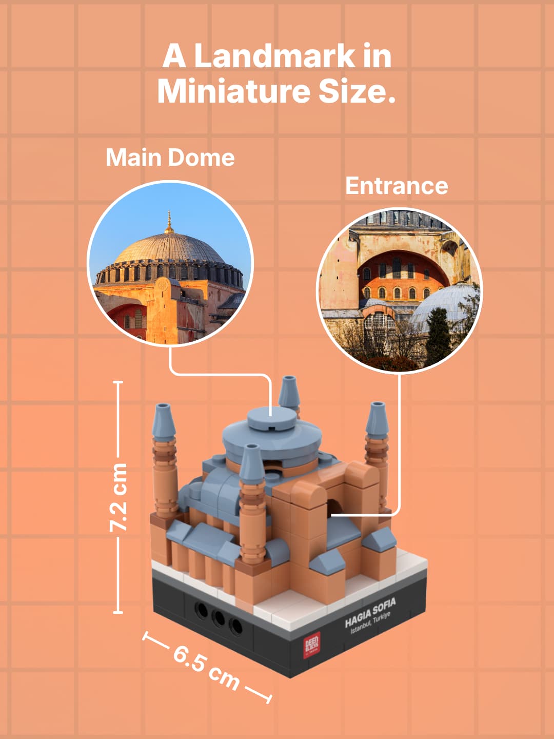 DEENBLOCKS Mini Ayasofya shown at 7.2 cm high and 6.5 cm across, a palm-size piece compared with real photos of the dome and arched entrance (mobile copy)