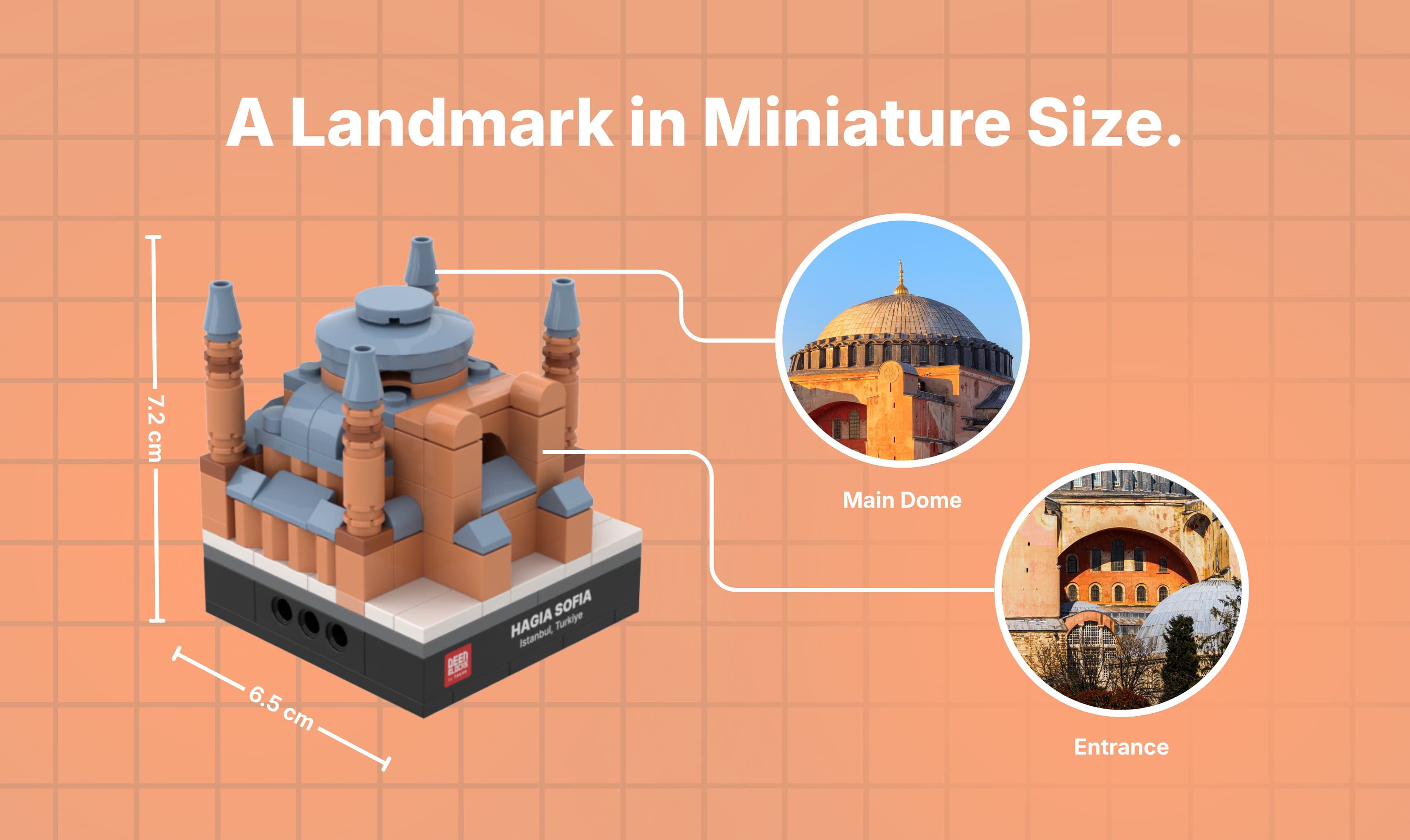 DEENBLOCKS Mini Ayasofya shown at 7.2 cm high and 6.5 cm across, a palm-size piece compared with real photos of the dome and arched entrance