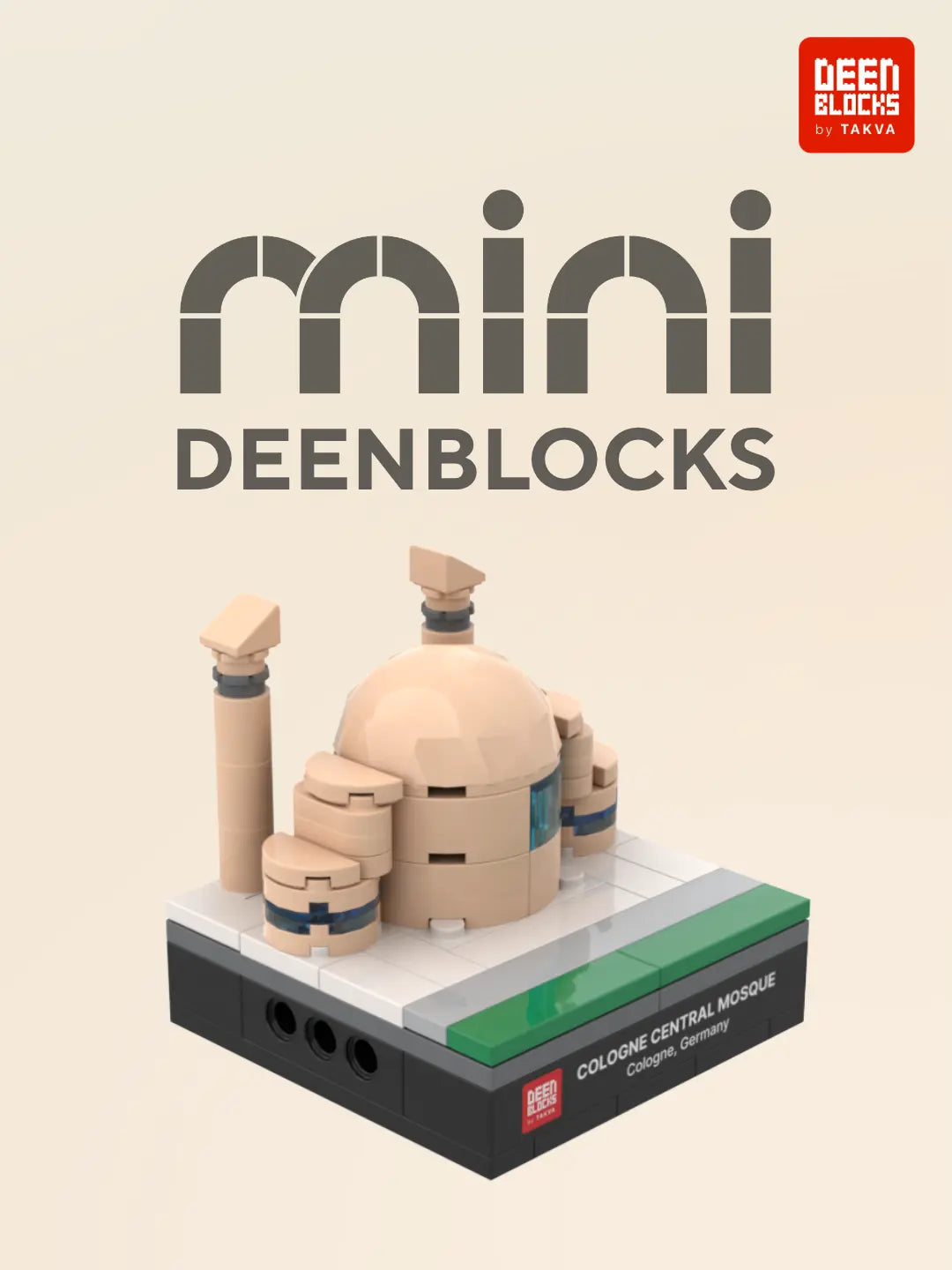DEENBLOCKS Mini Cologne Mosque, a small brick replica of the Kölner Zentralmoschee in Germany with its rounded dome, glass strips and twin minarets on a nameplate base (mobile copy)