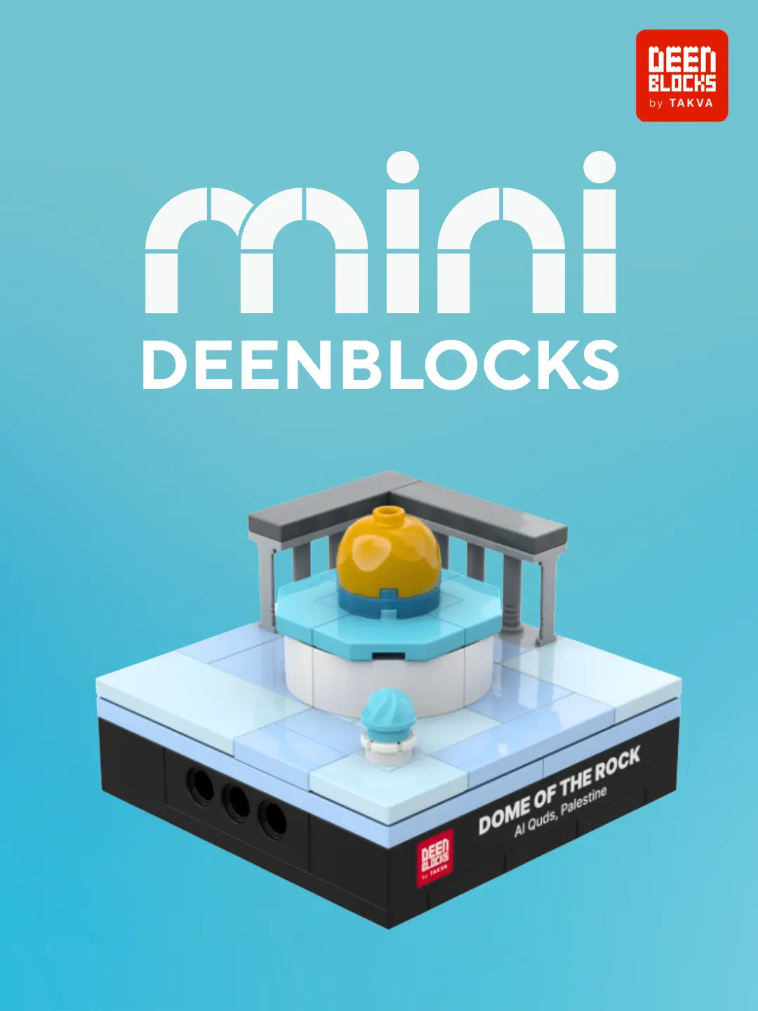 DEENBLOCKS Mini Dome of the Rock, a small brick replica of the golden-domed shrine in Al Quds with its pillared arcade and Dome of the Chain on a nameplate base (mobile copy)