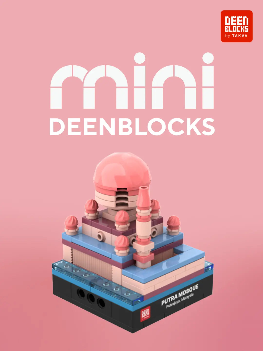 DEENBLOCKS Mini Masjid Putra, a small brick replica of Putrajaya's pink-domed lakeside mosque with its minaret on a nameplate base (mobile copy)