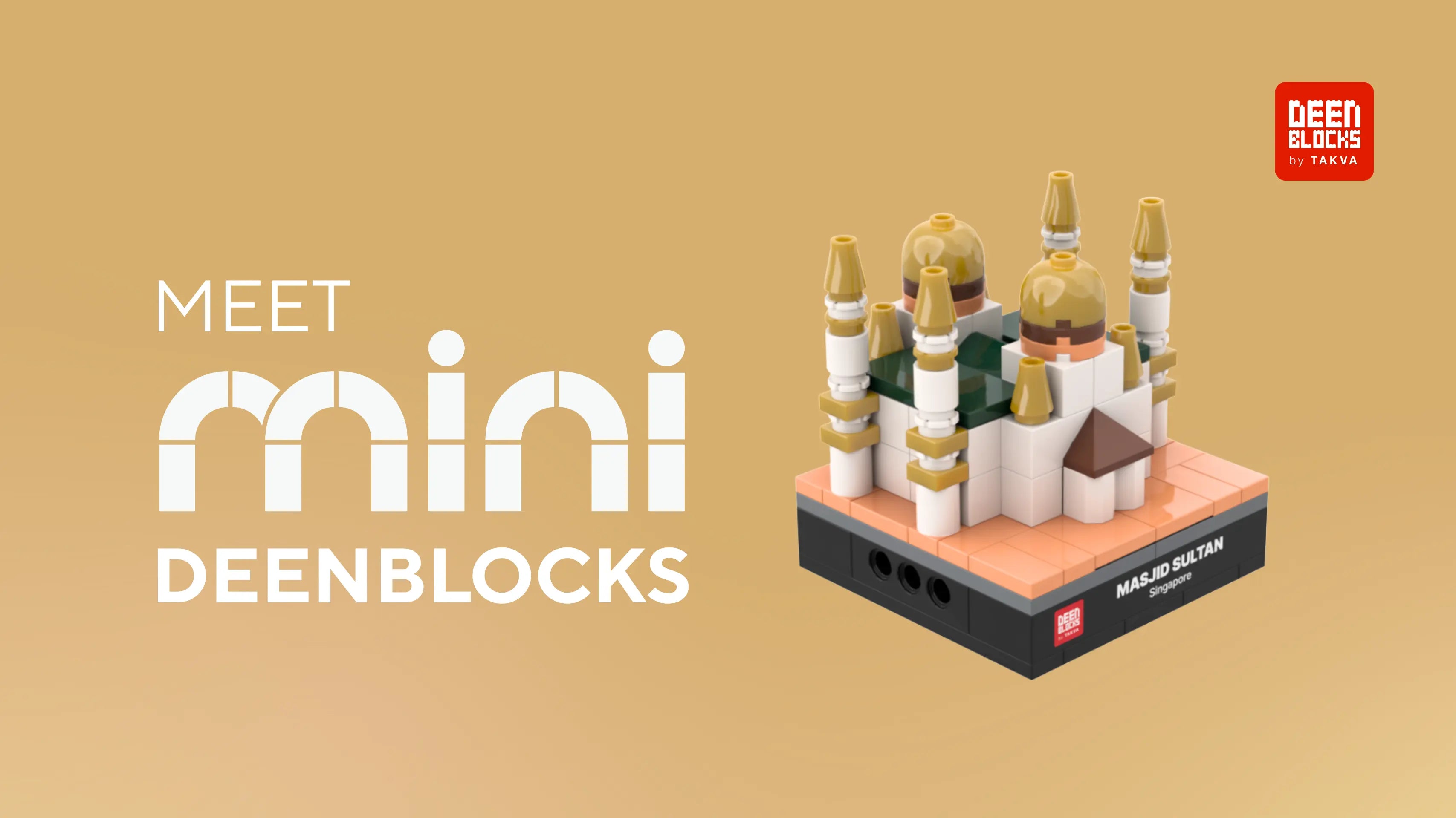 DEENBLOCKS Mini Sultan Mosque, a small brick replica of Kampong Glam's golden-domed landmark with its minarets and front entrance on a nameplate base