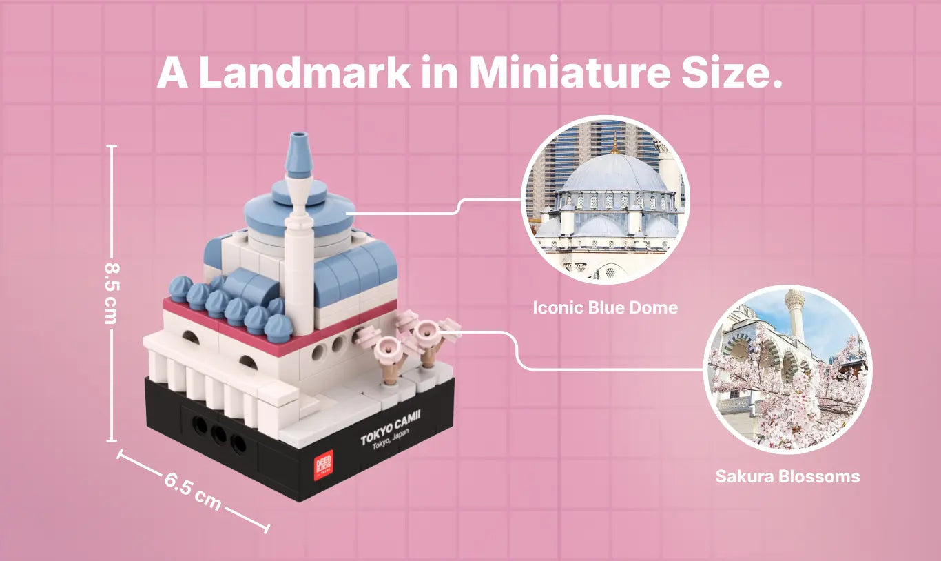 Mini Tokyo Camii shown at 8.5 cm high and 6.5 cm across, compared with real photos of the mosque's blue dome and spring sakura