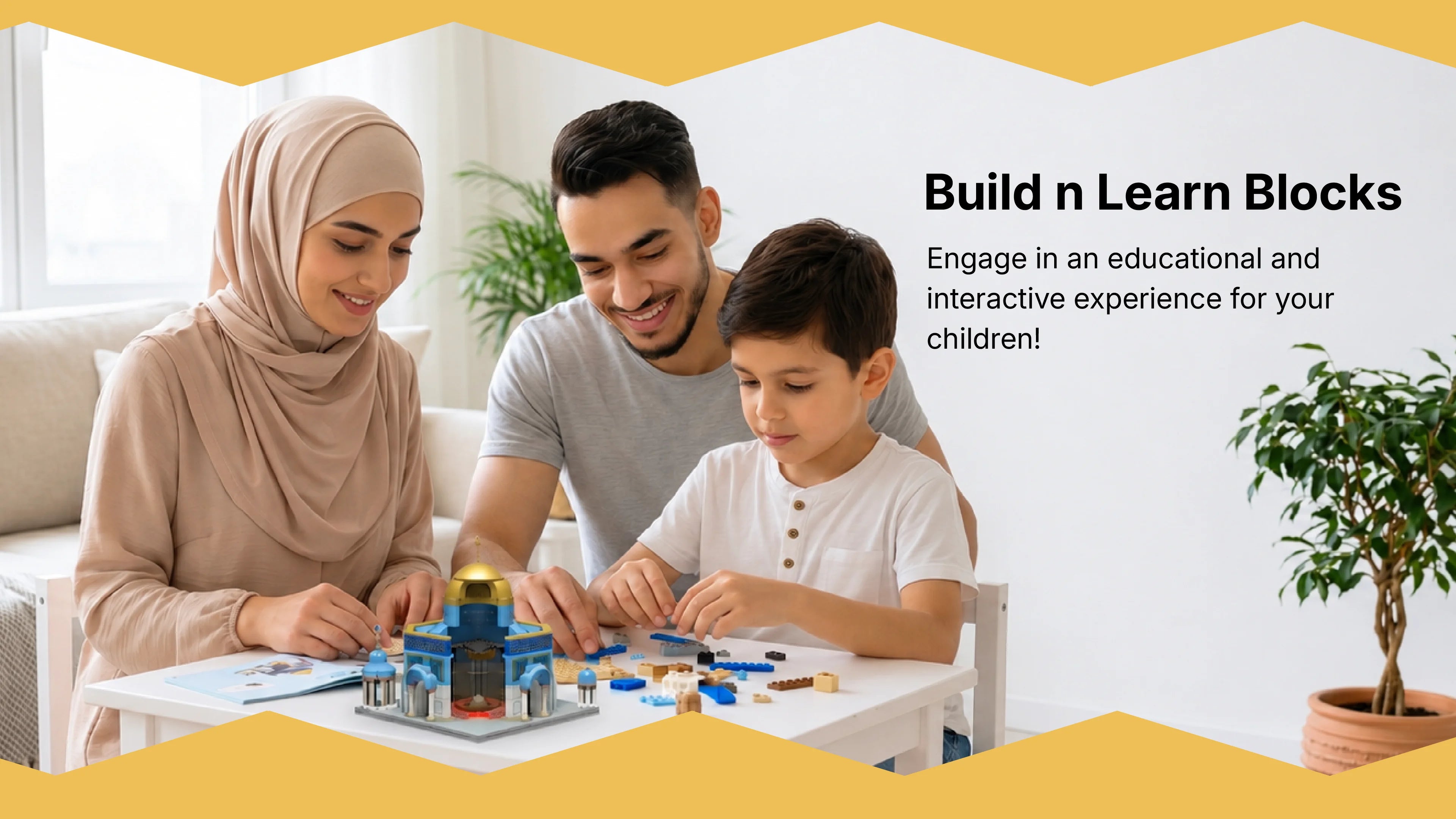 Family building the Dome of the Rock block set together at home