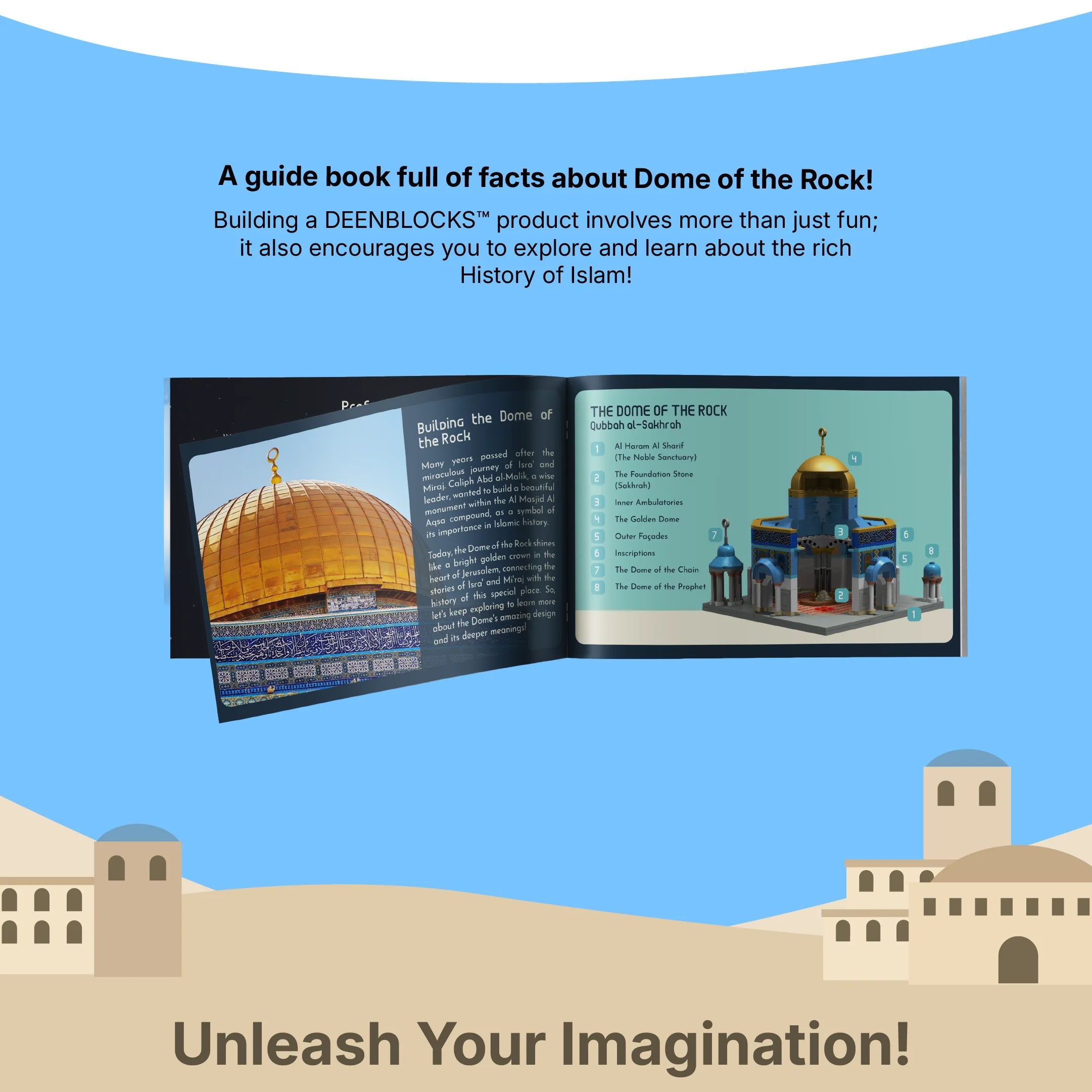 What's included in the Dome of the Rock building blocks box. Guide book