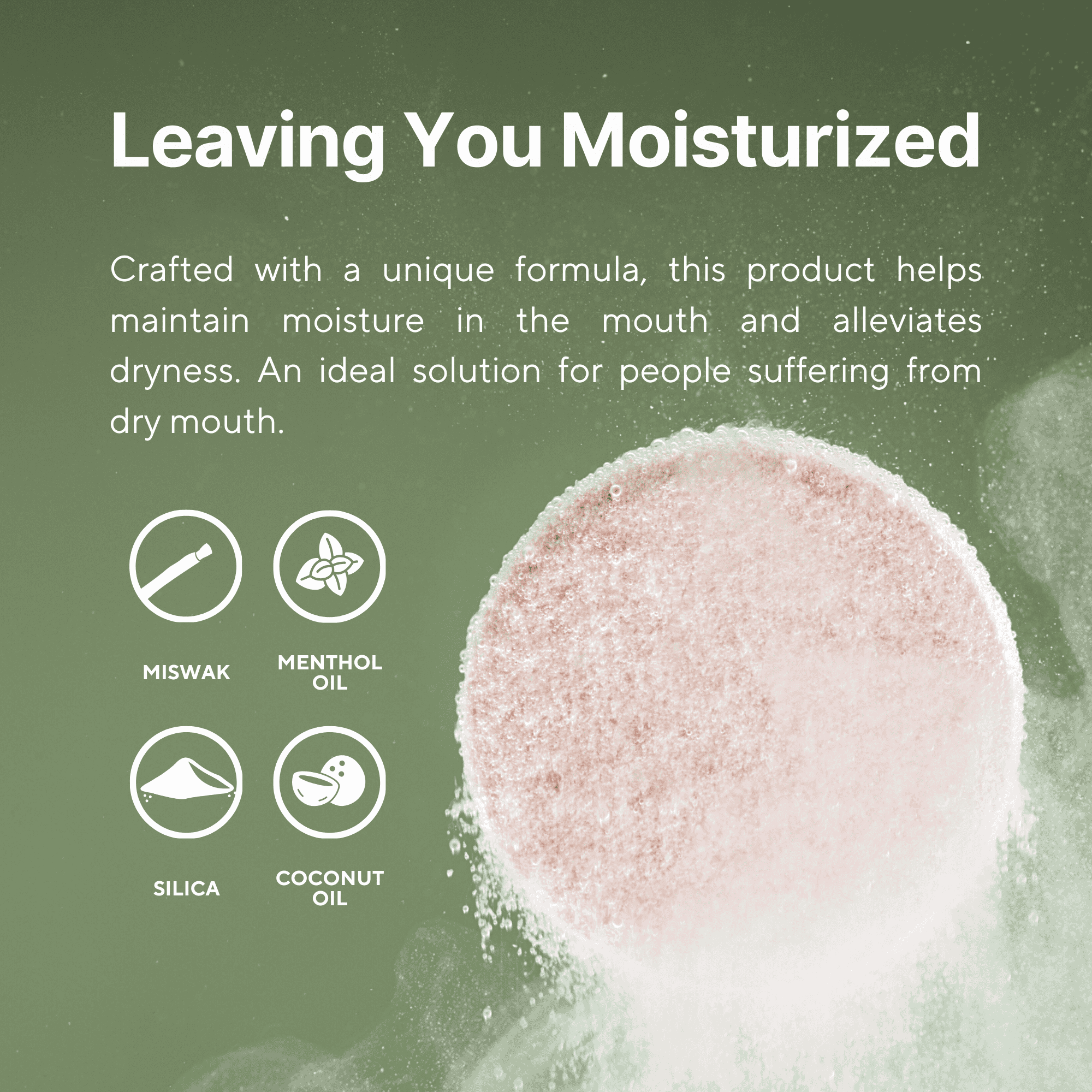 Fitra miswak toothpaste tablets with moisturizing formula using miswak, menthol oil, silica and coconut oil for dry mouth relief