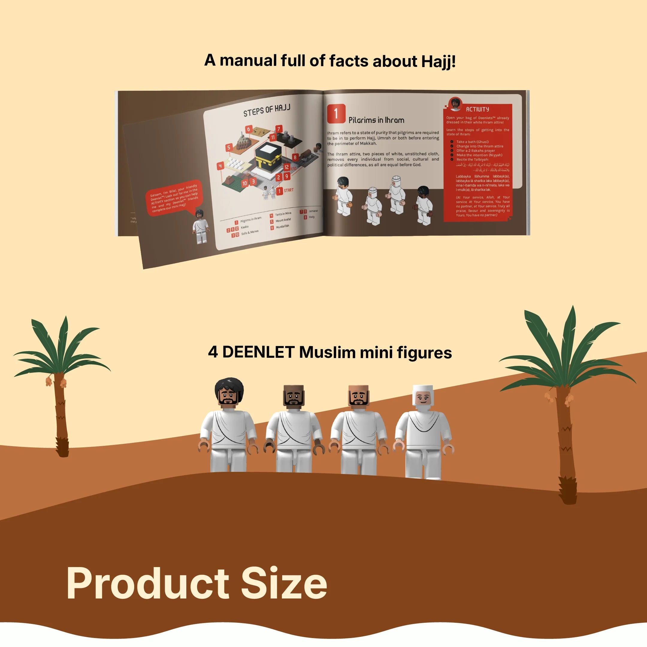 Contents of the TAKVA Hajj Pilgrimage building block toy set with manual and mini figures (mobile crop)
