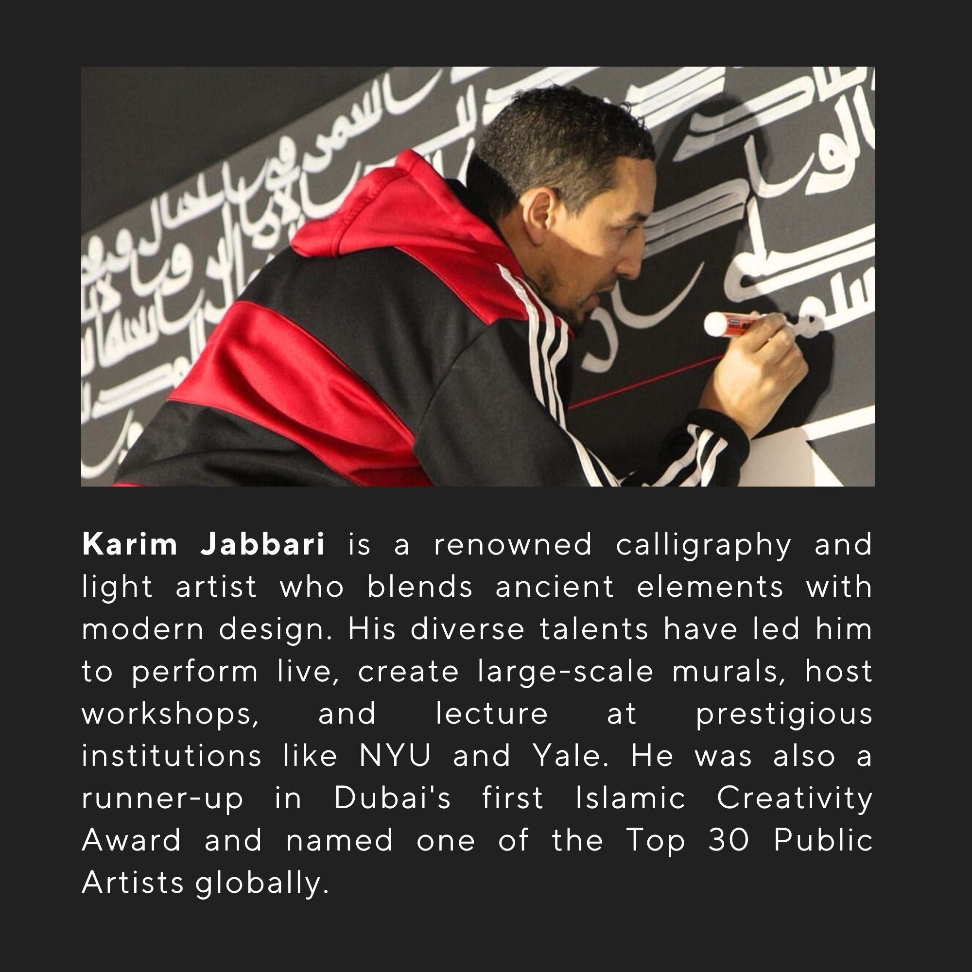 Karim Jabbari – renowned Arabic calligraphy and light artist, global public artist collaboration with TAKVA