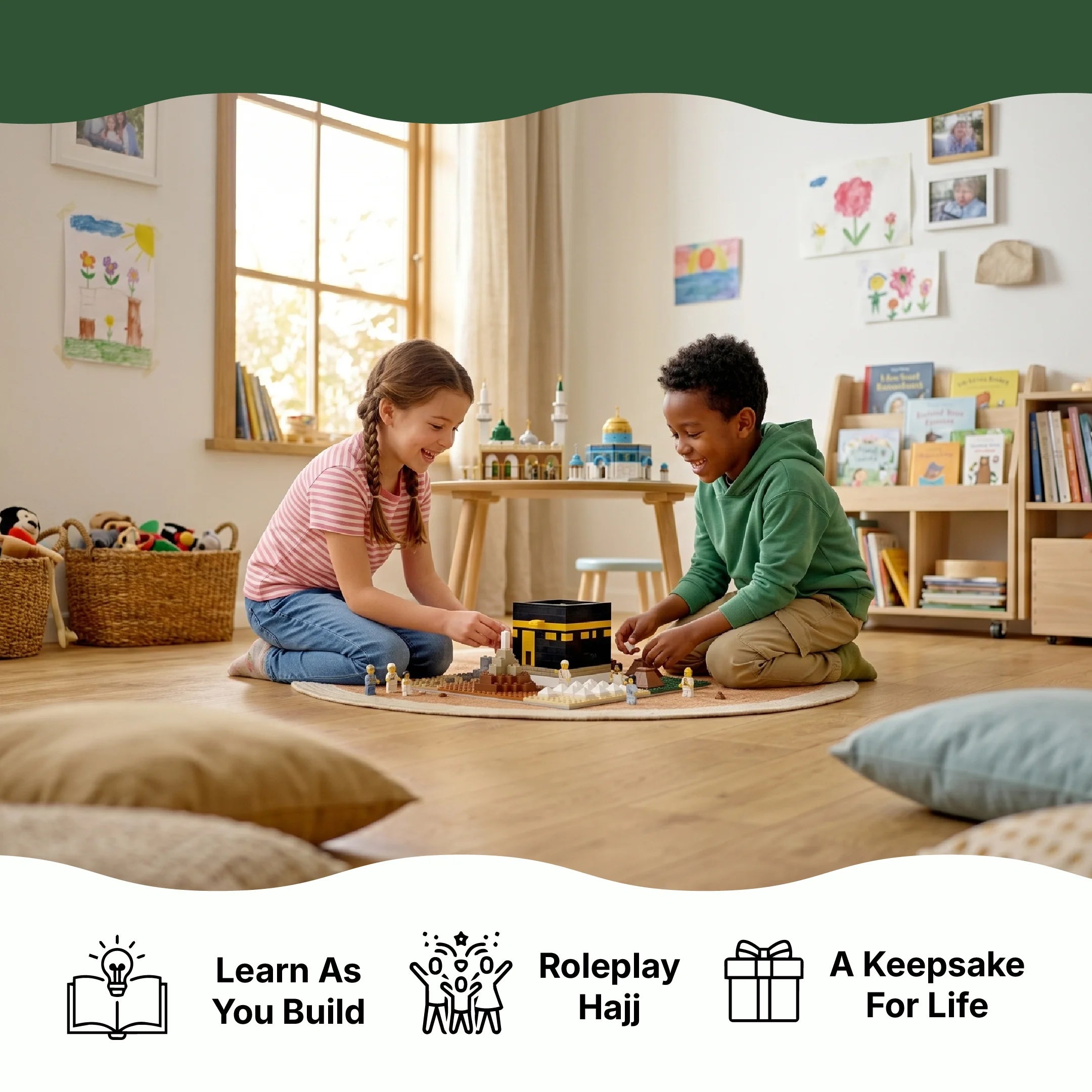 Children playing with the TAKVA Hajj Pilgrimage building block toy (mobile crop)