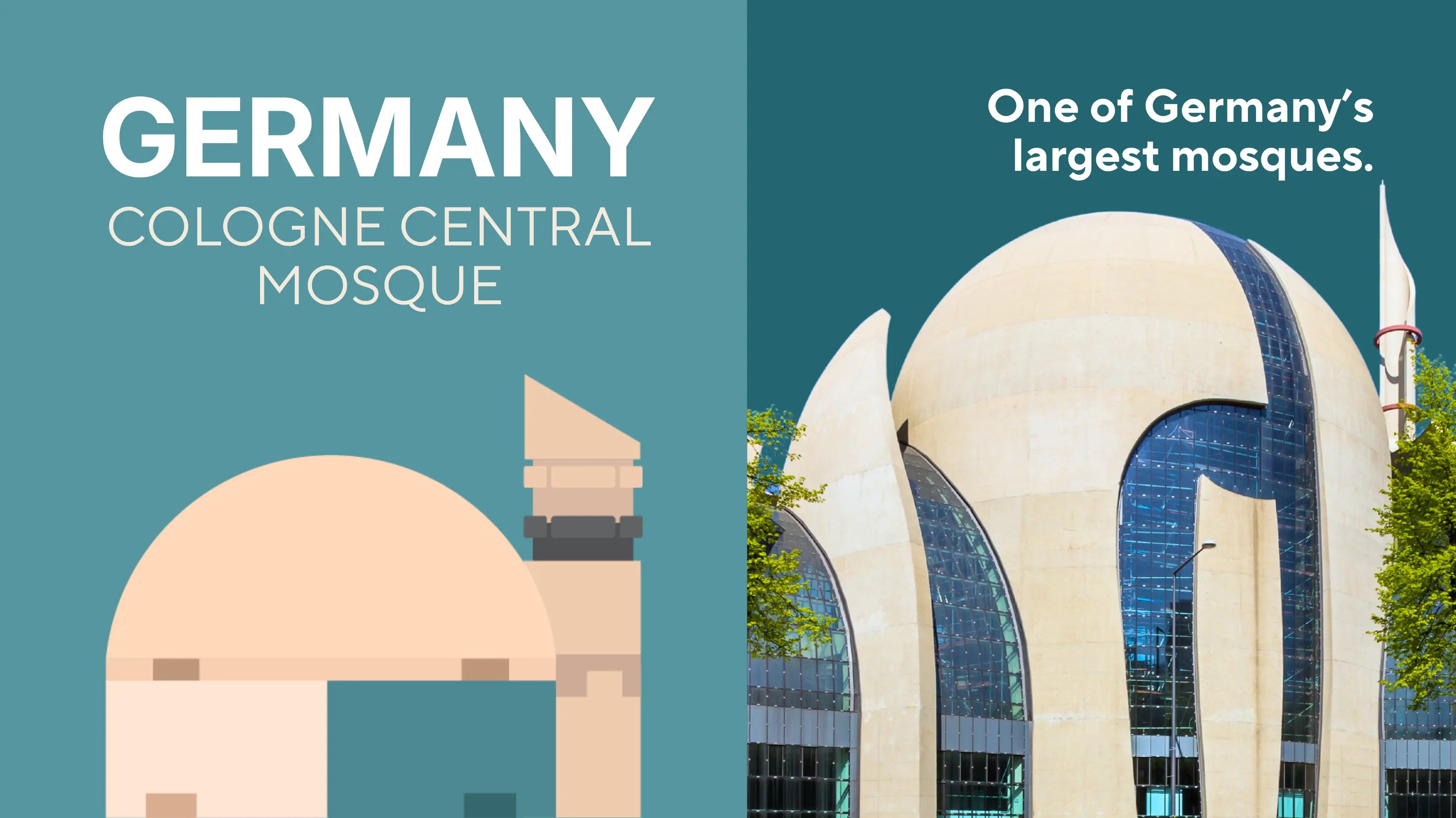 Photo of the mosque in Cologne, Germany, with layered concrete shells and blue glass panels between trees, the landmark behind the DEENBLOCKS Mini