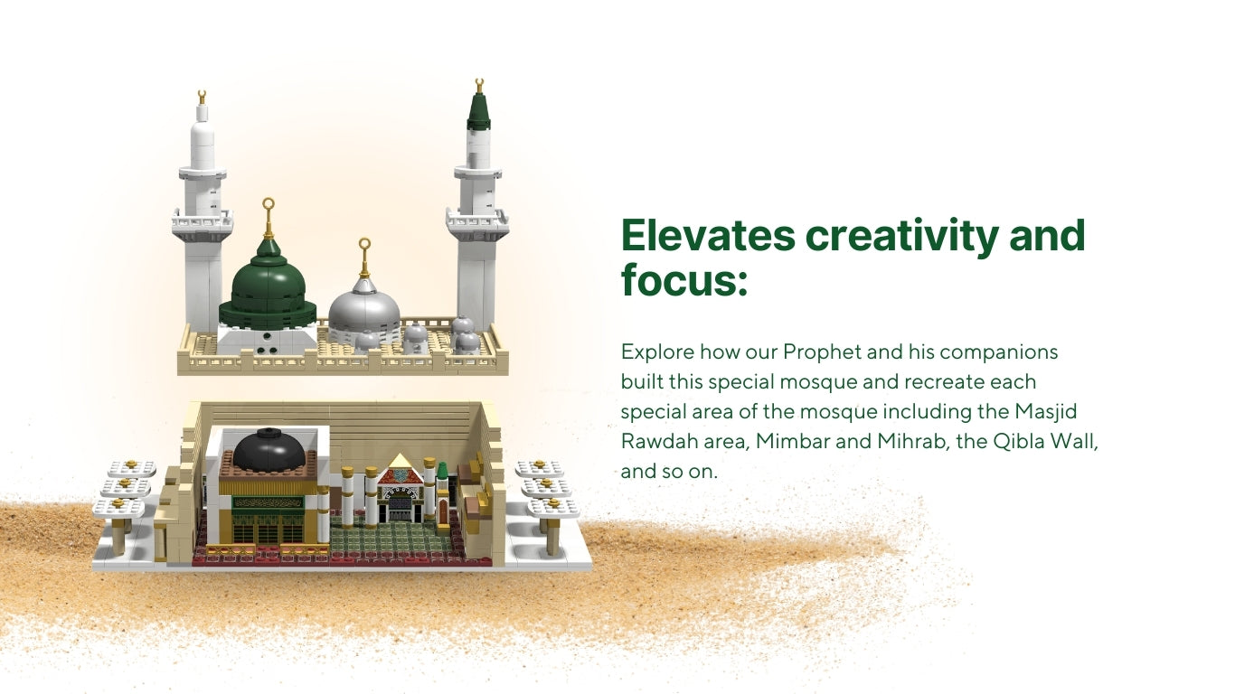Masjid An Nabawi Build & Learn toy set — cutaway model showing Rawdah, Mihrab, Minbar, and Qibla Wall.