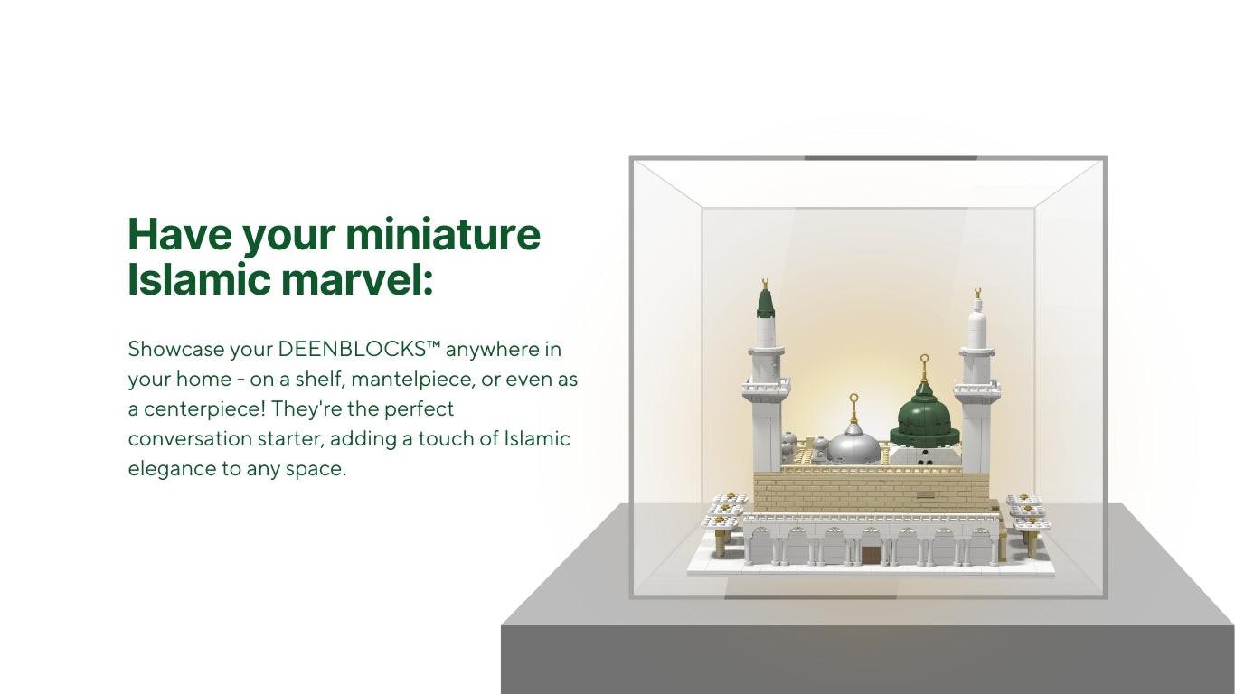Masjid An Nabawi Build & Learn Block set displayed in case — Islamic décor and collectible toy.