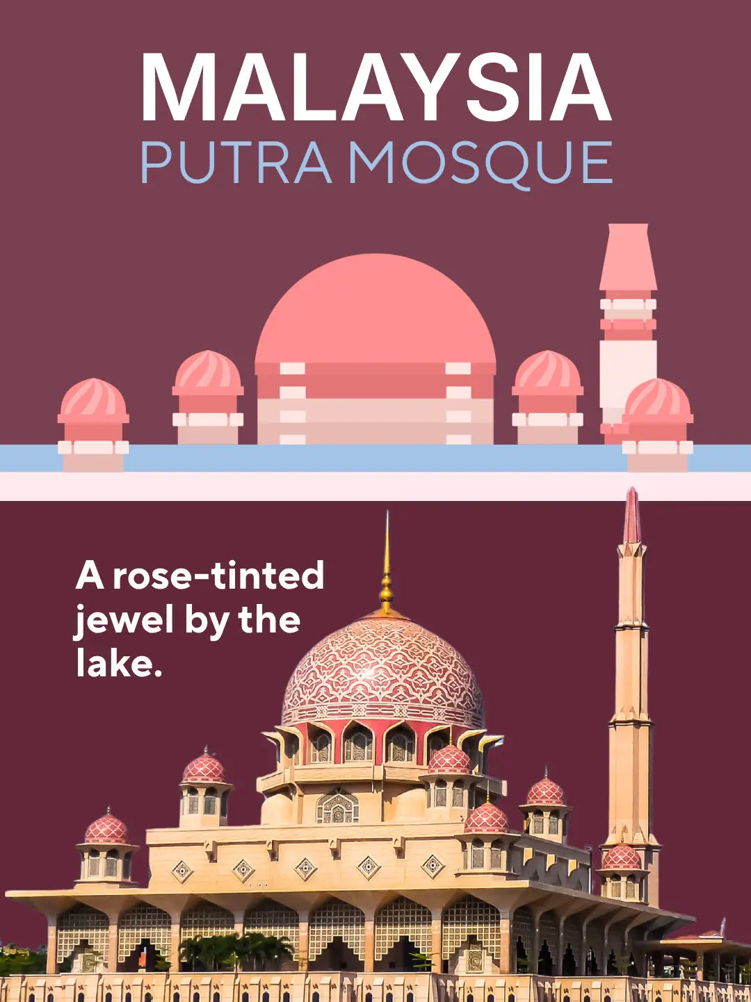 Masjid Putra in Putrajaya, Malaysia, at golden hour with its pink dome and tall minaret mirrored in the lake, the landmark behind the DEENBLOCKS Mini (mobile copy)