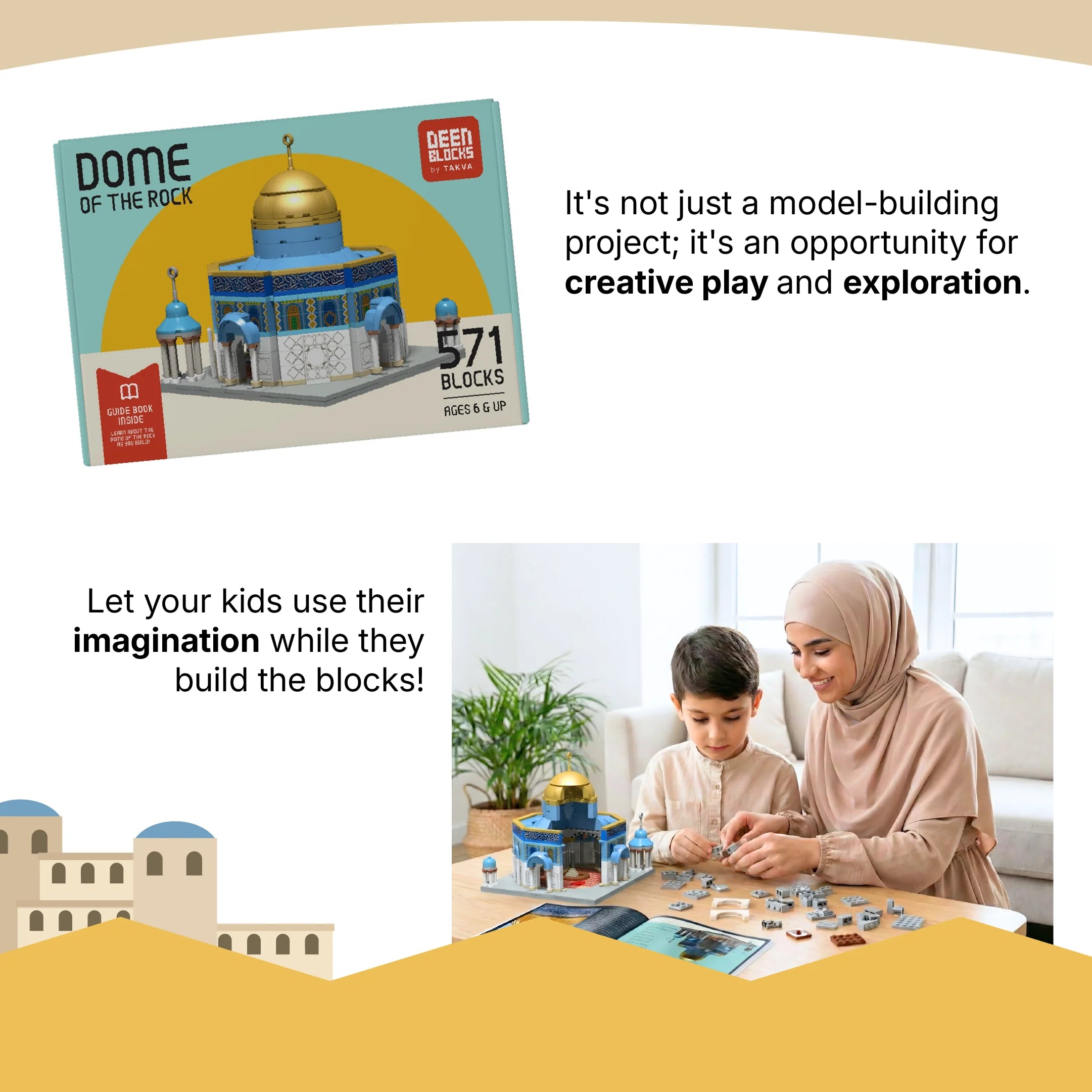 Parent and child building the Dome of the Rock block set together
