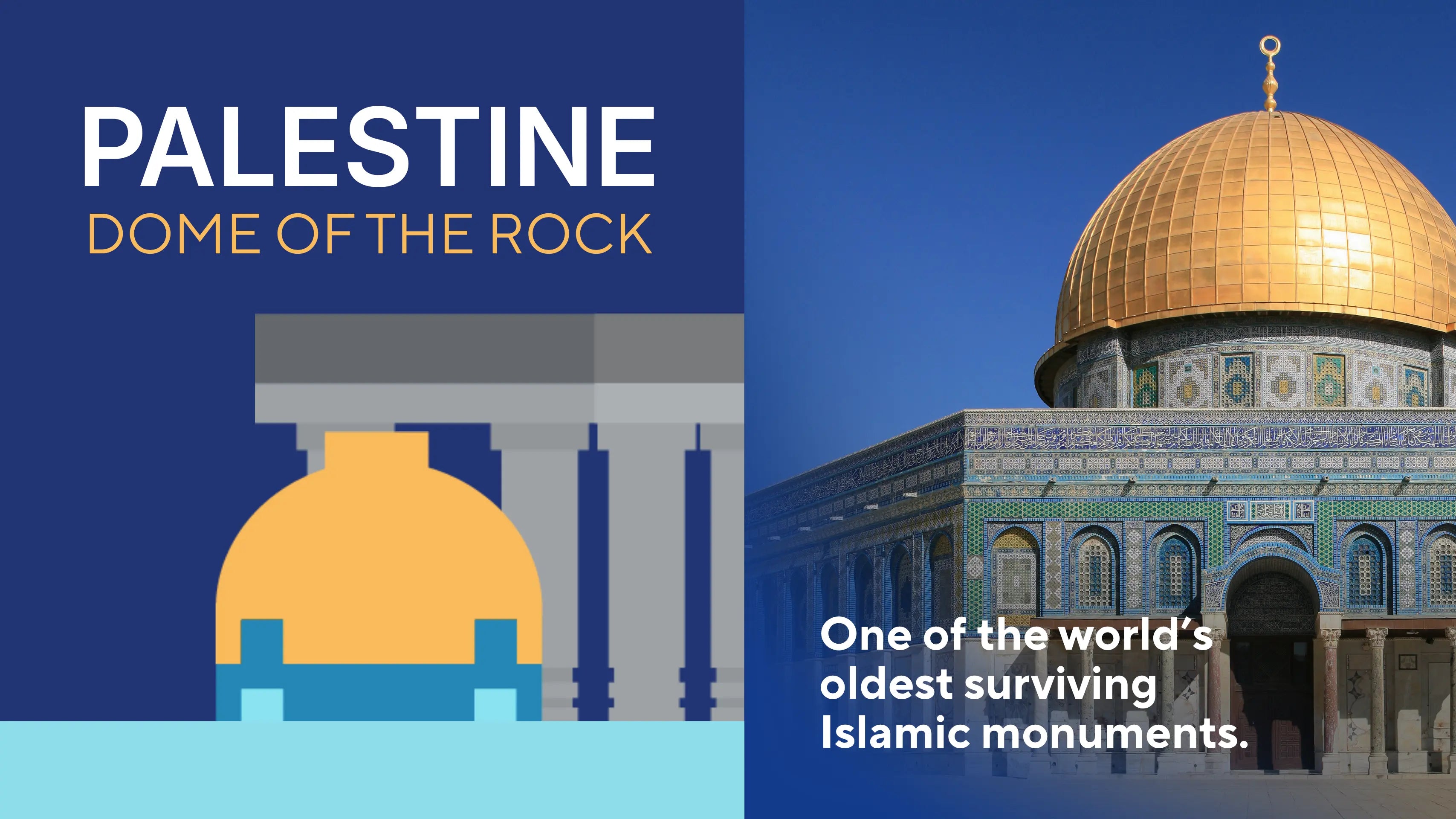 Photo of Qubbat al-Sakhra in Al Quds, Palestine, with its gold dome and blue mosaic tiles under a clear sky, the landmark behind the DEENBLOCKS Mini