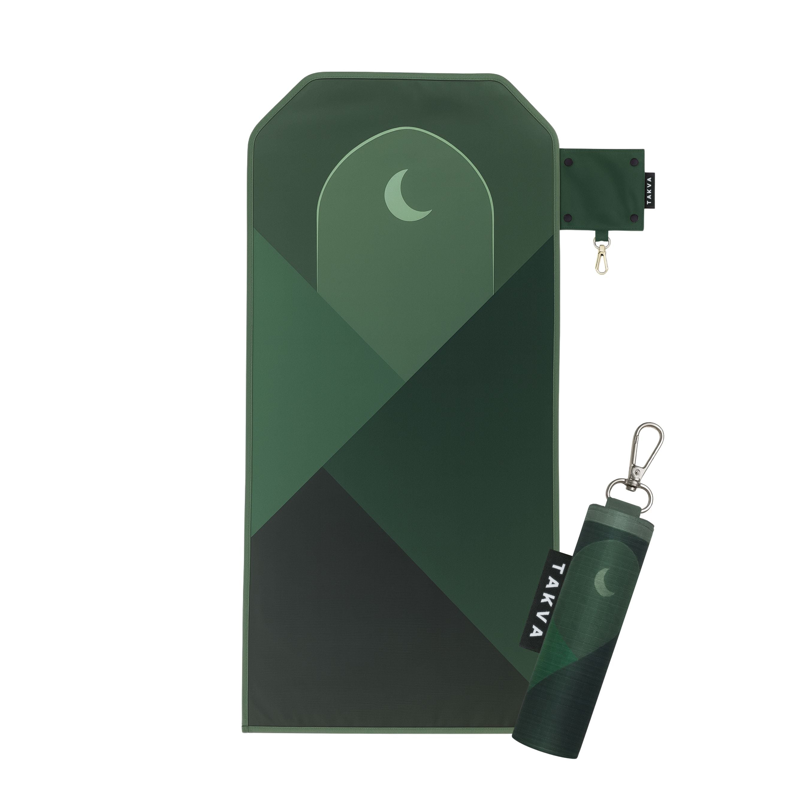 SalahTag keychain prayer mat in dark green olive it open and closed versions