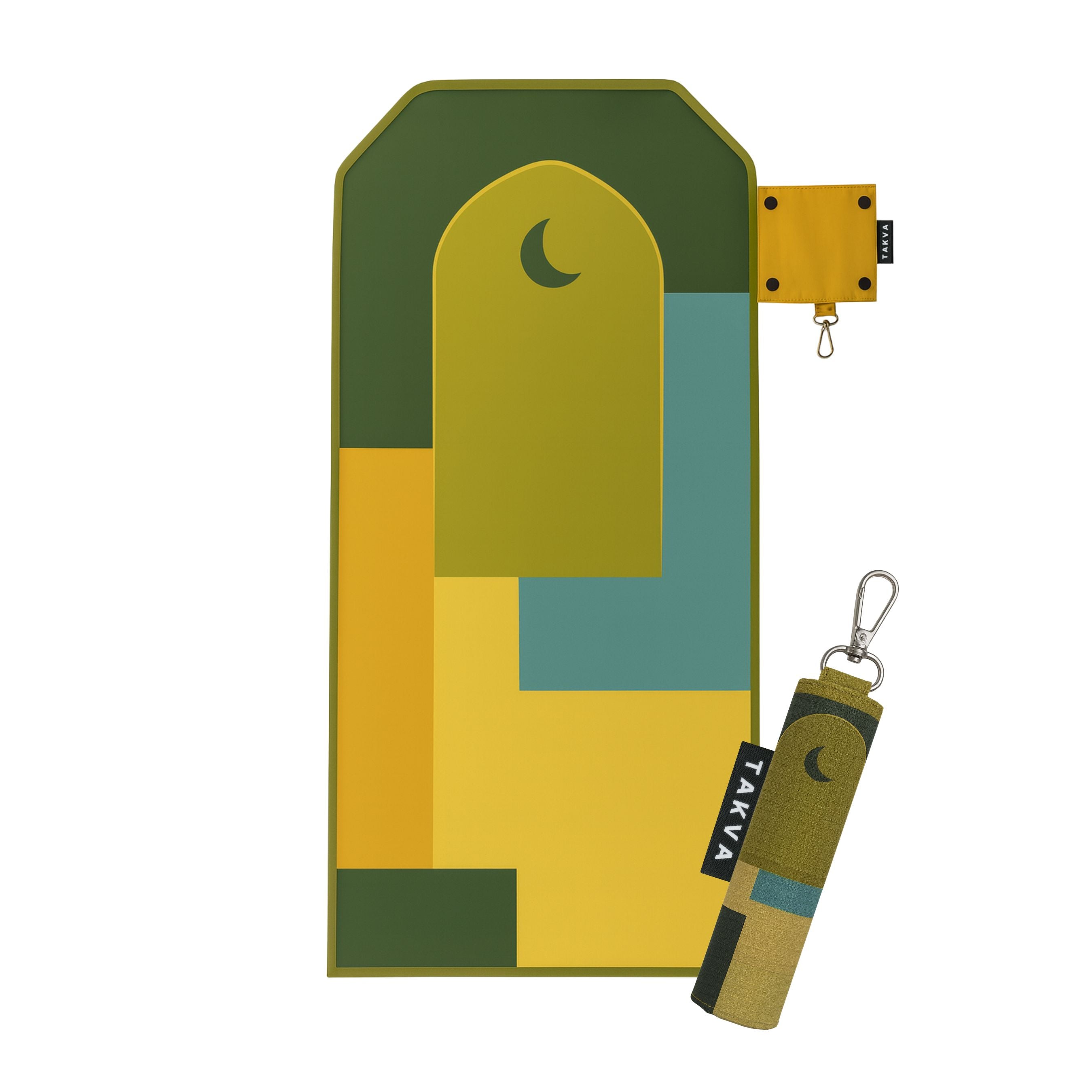 SalahTag keychain prayer mat in bright green, yellow limonade open and closed versions