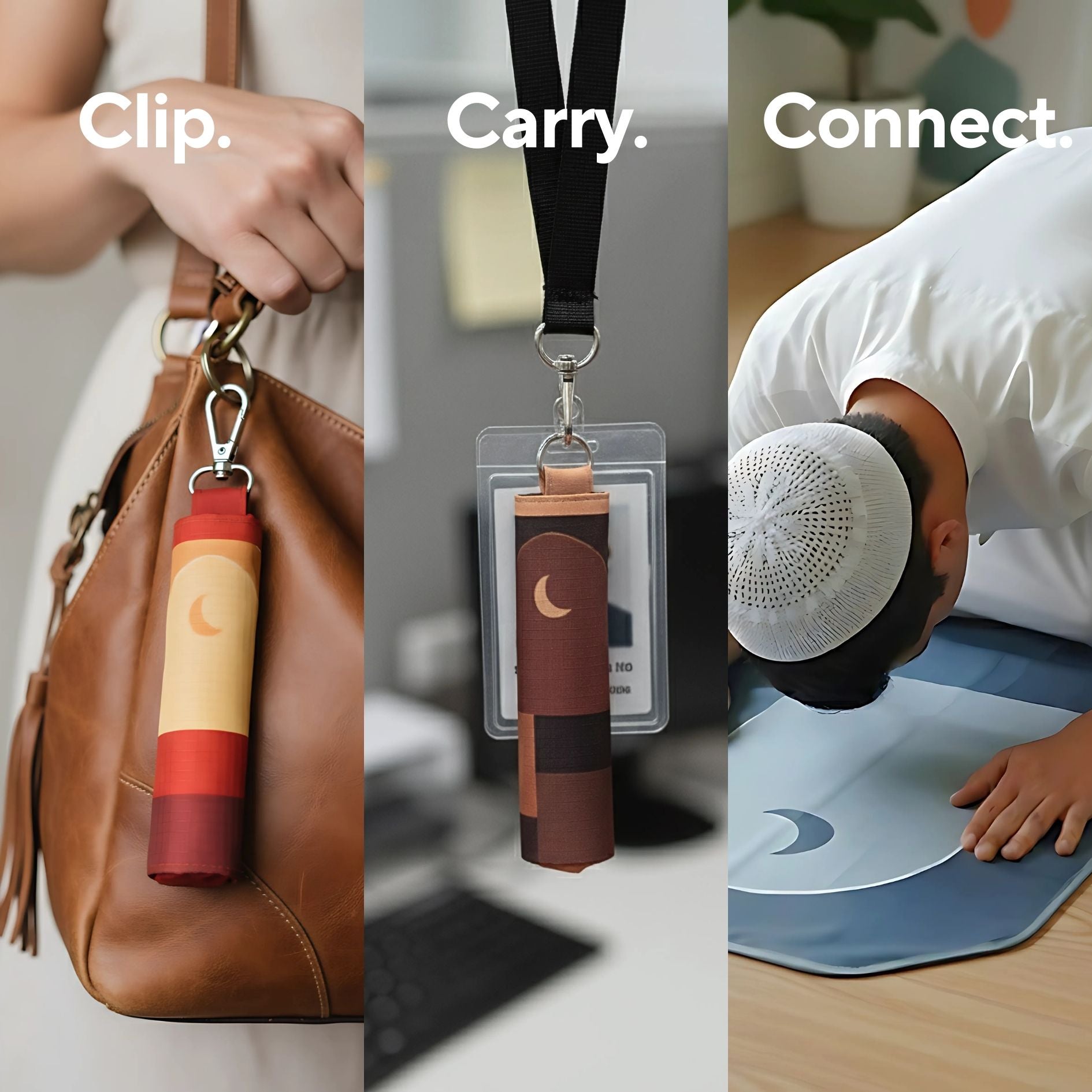 Lifestyle images showing SalahTag portable prayer mat clipped to a bag, worn on a lanyard, and used for prayer