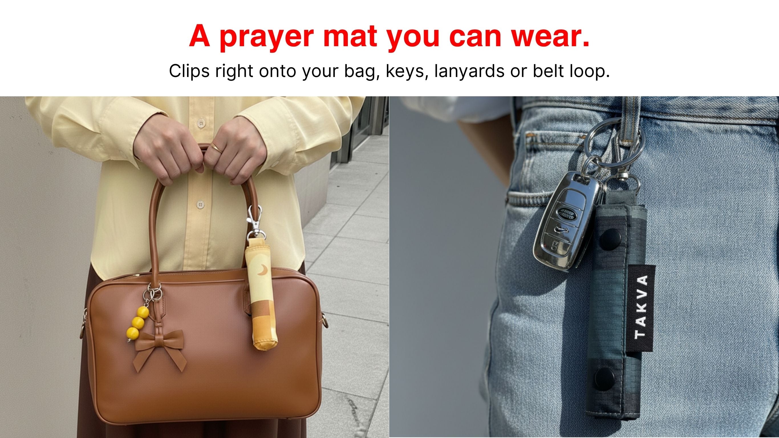 SalahTag portable prayer mat clipped to handbag and used as a keychain on jeans