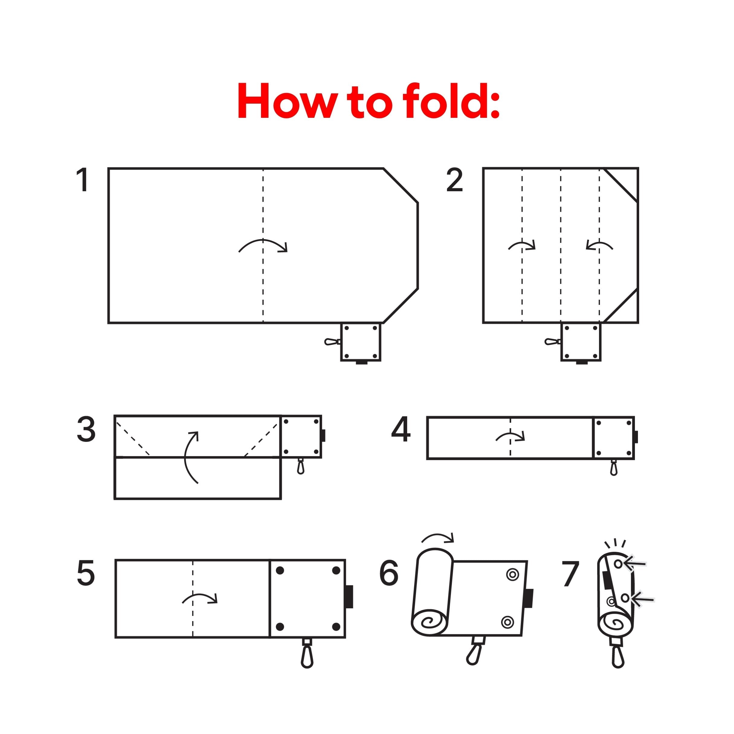 Step-by-step diagram showing how to fold the SalahTag portable prayer mat into its compact keychain form