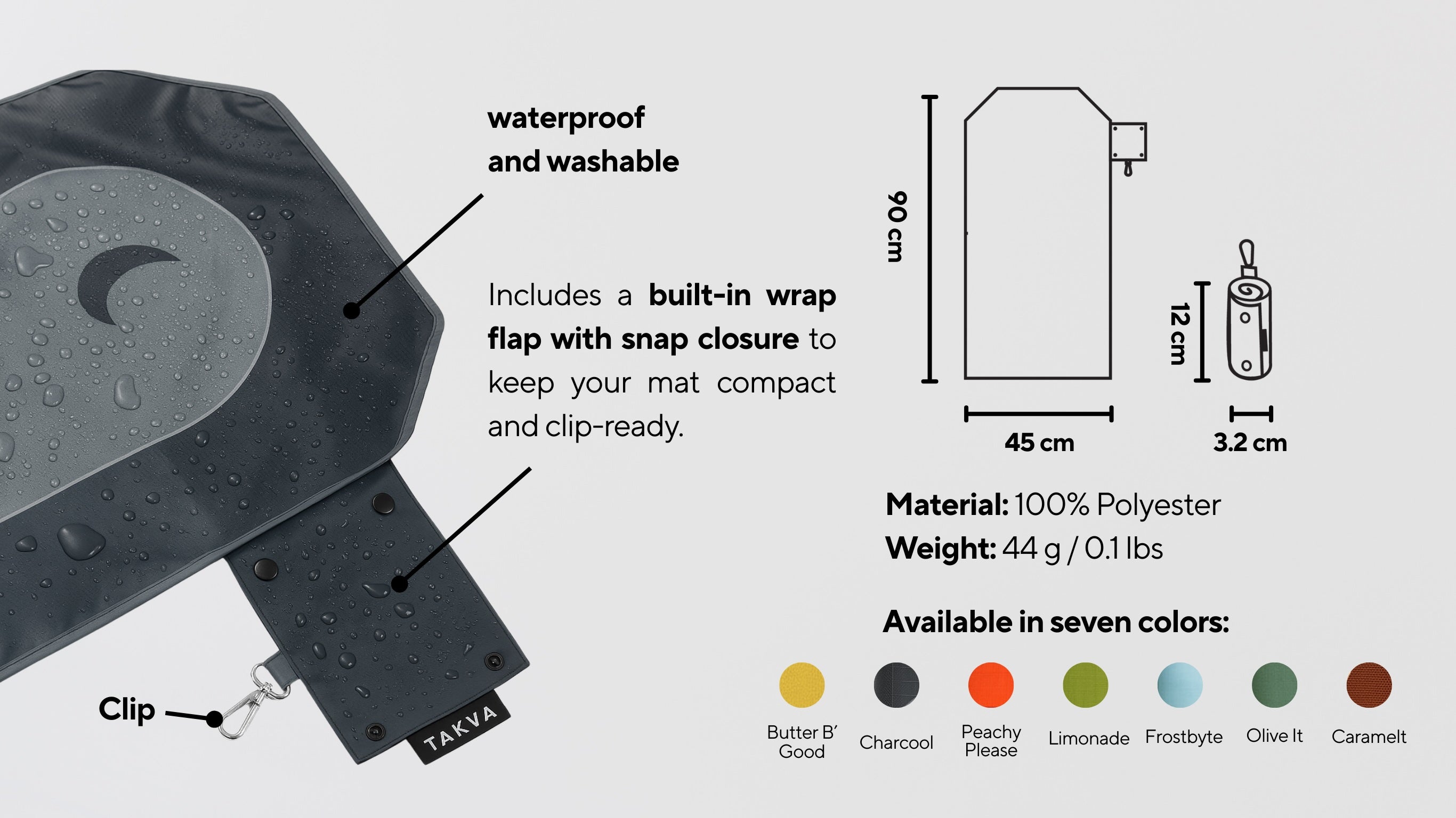 Close-up of SalahTag waterproof portable prayer mat with snap closure, clip, and diagram showing dimensions, weight, and color options