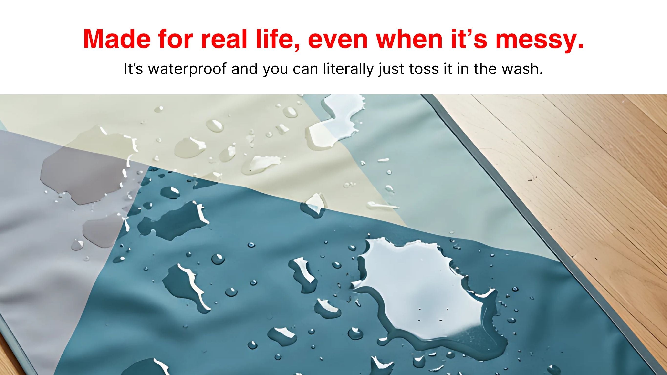 SalahTag waterproof portable prayer mat with water droplets on surface, easy to wash