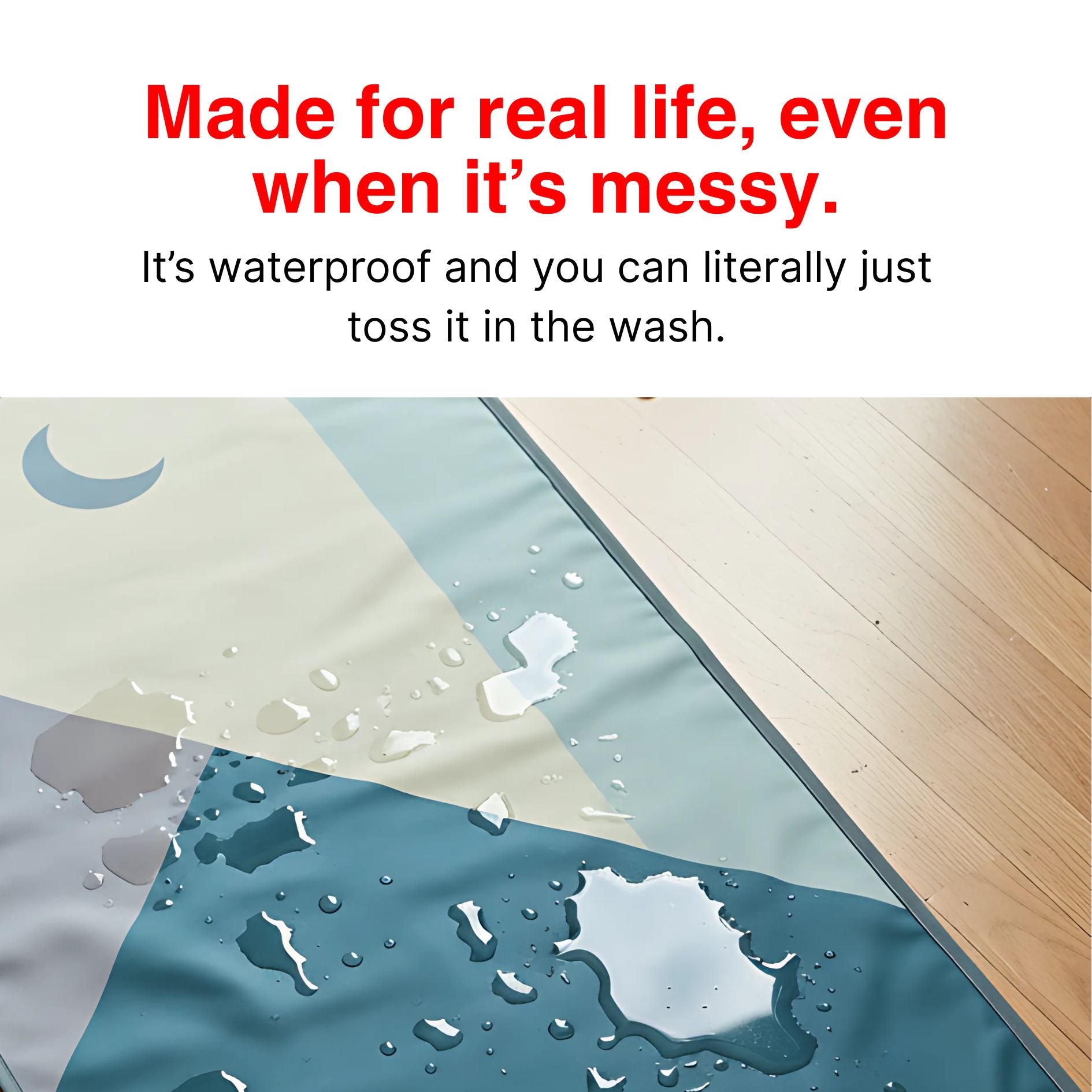 Waterproof portable prayer mat with water droplets on surface, easy to wash
