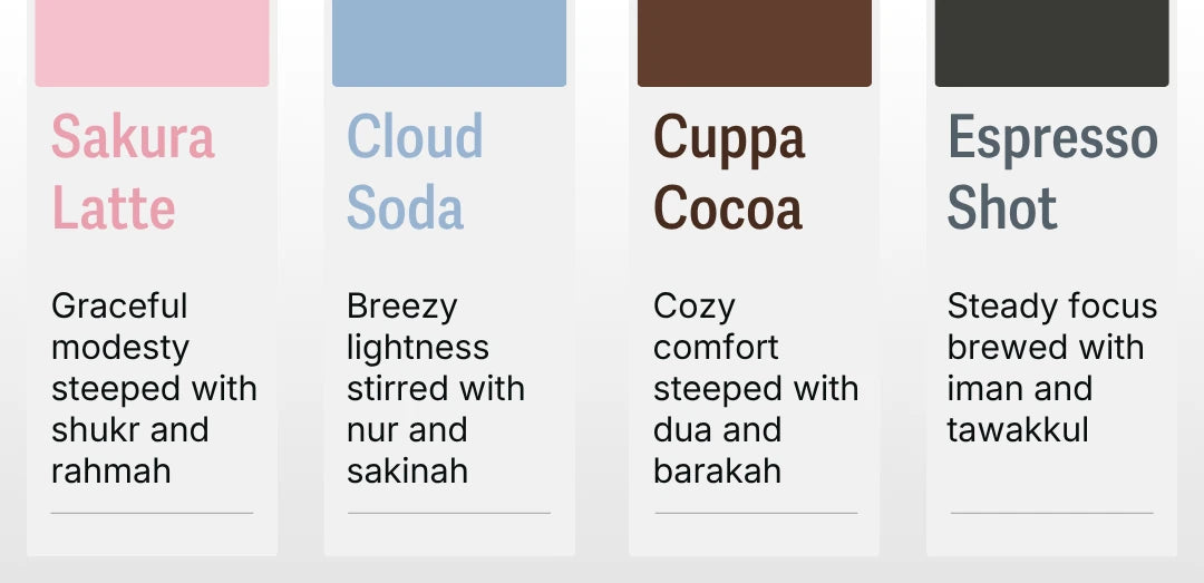 one-line colour description of SalahWear Nomadica Series telekung mukena ('graceful modesty,' 'breezy lightness,' 'cozy comfort,' 'steady focus').